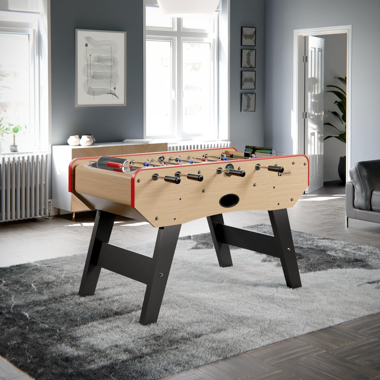 Babyfoot Deluxe - 151 x 77 x 91 cm - Table de Baby-Foot avec Barres téléscopiques, Couleur Bois Naturel et Balles Lièges Inclus