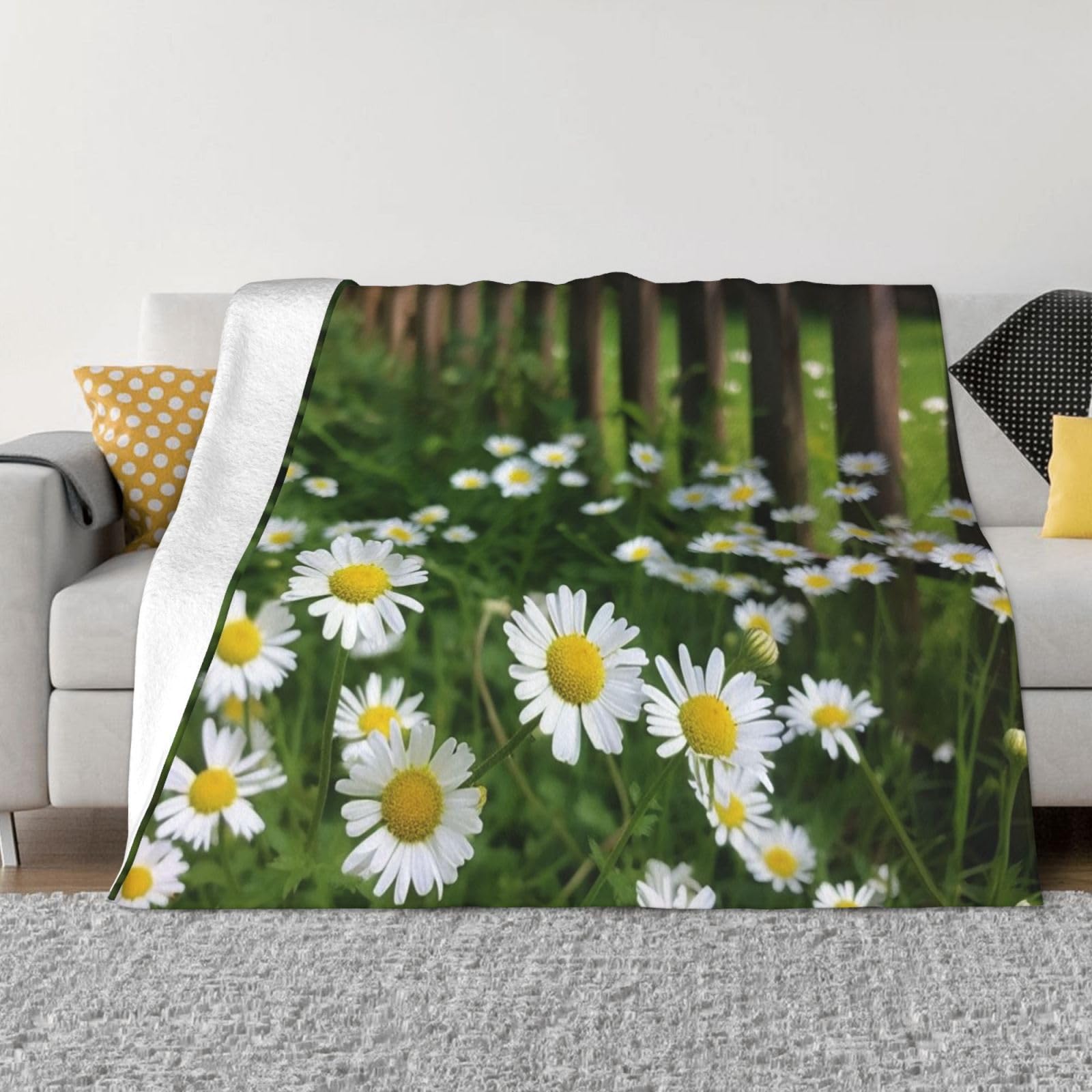 Couverture réversible flanelle motif marguerite pour cocooning au salon ou lit