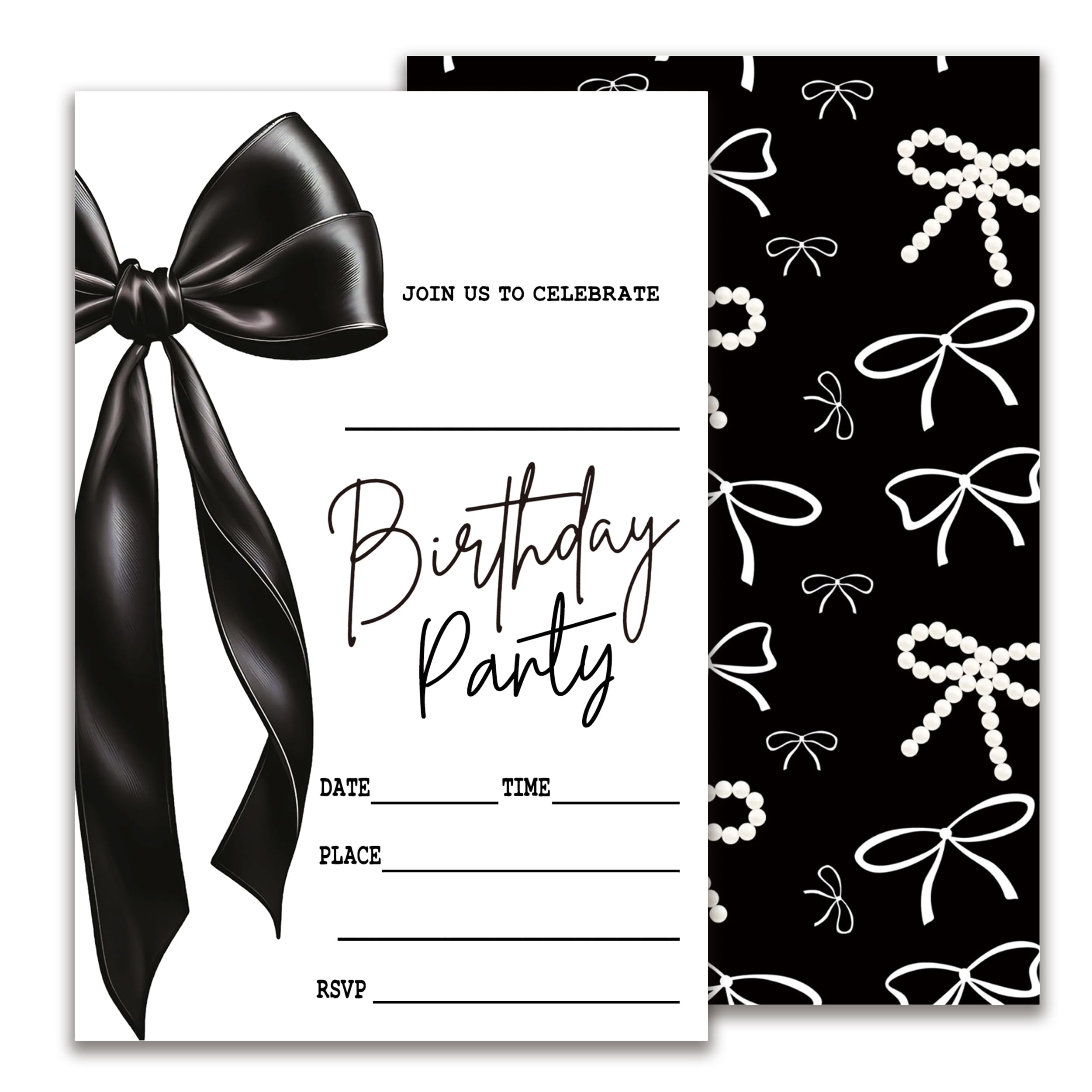 JUPXB Black Bow Birthday Invitation, Girls Party Invite, Minimalist Birthday Invitation Cards, 20 Fill In Style Invitation Cards with Envelopes, Girls