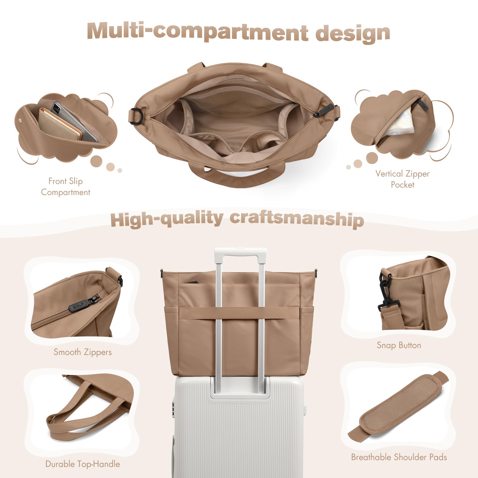 22L Puffer Wickeltasche Damen, Lässige Umhängetasche für Mütter, Geräumige Wickeltasche für Unterwegs, Champagnerbraun