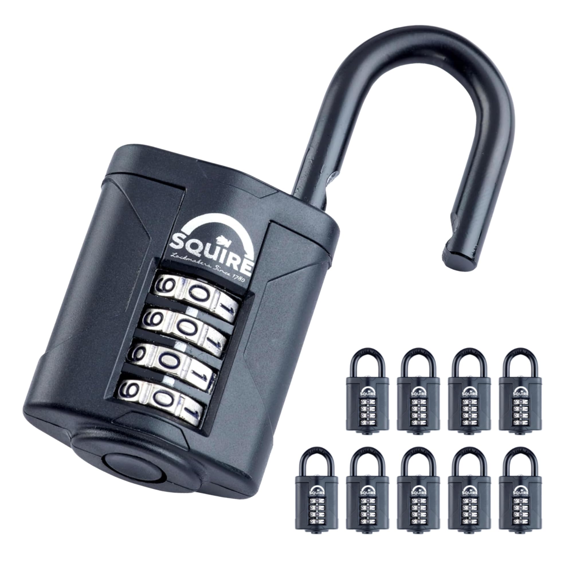10-Pack - Squire Combination Padlock CP40 – Compact Combination Padlock (Black) – Re-Codable 4-Digit Code – Push Button Security – Ideal for Lockers, Bags & Indoor Cabinets — image 1