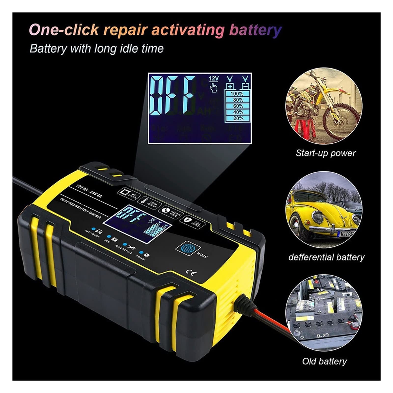 Chargeur de Batterie, Chargeur de batterie de voiture AGM chargeur de plomb-acide GEL à Cycle profond 12V 24V 8A chargeur de réparation d'impulsion avec écran LCD utilisation de voiture de moto