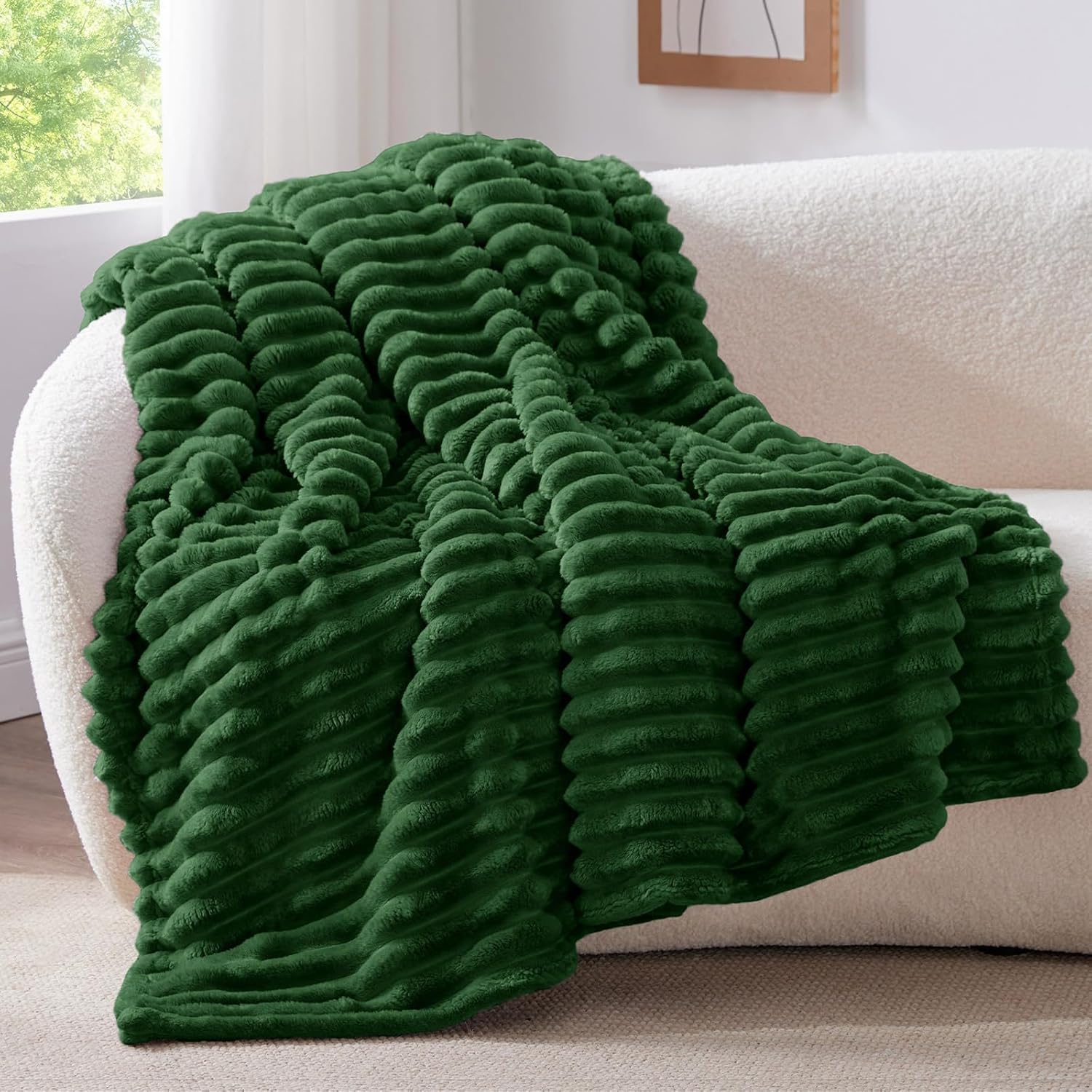 BEDELITE Fluffy Fleece Throw Blanket, Striped Decorative Soft Warm Gift for Sofa Bed Couch, Queen Size, Dark Green — image 1
