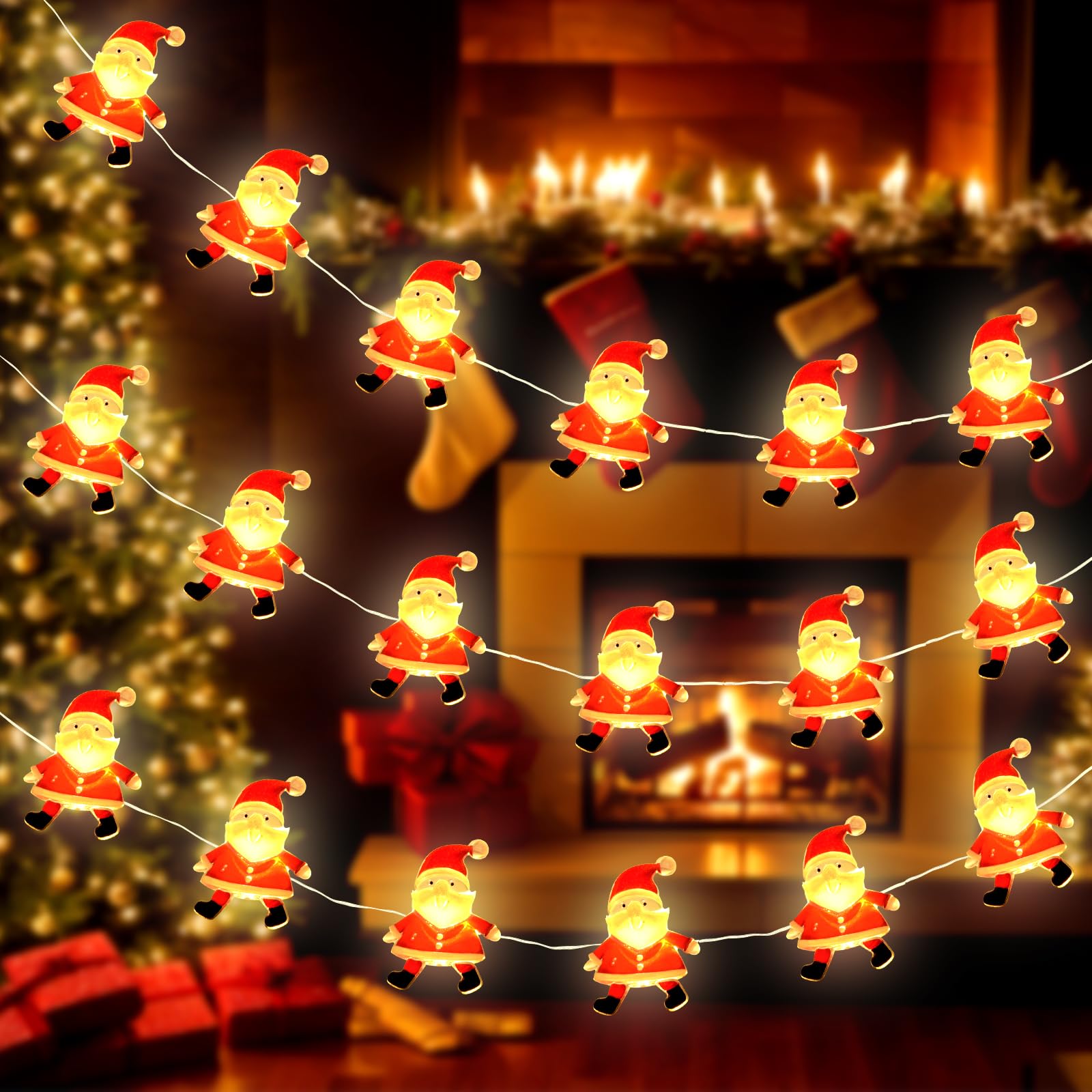 Guirnalda Luces Interior, 2M 20LED Papá Noel Cadena de Luces de Navidad a Pilas Impermeable Luces Navidad Interior, Decoración del Navidad Exterior, Luces Decorativas Habitacion,Ventana, Balcón Jardín