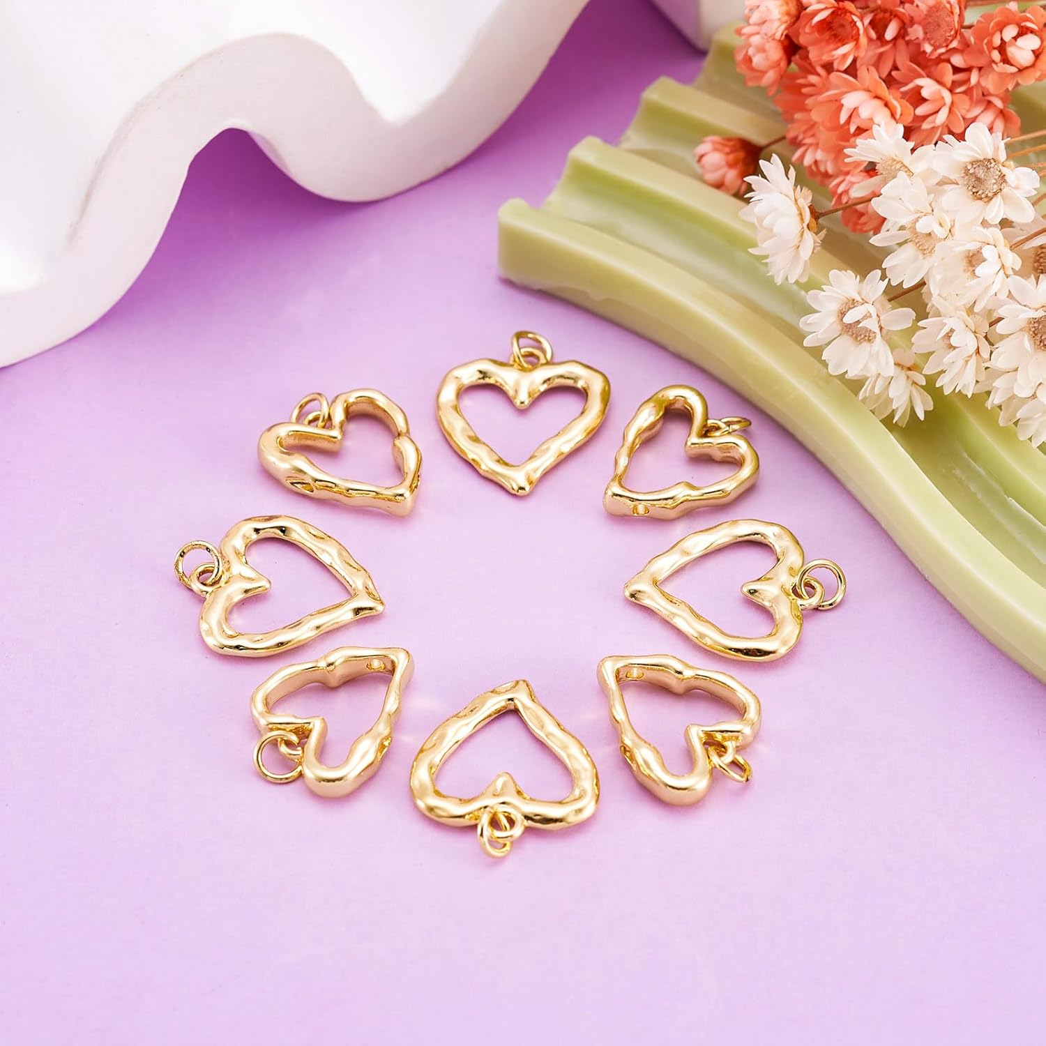 FASHEWELRY 8Pcs 18K Gold Plated Heart Charms Golden Brass Heart Pendants Hollow Dangle Bezel Charms for Valentine's Day DIY Earring Necklace Bracelet Jewelry Making - Image 5