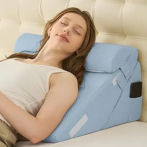 Sasttie Wedge Pillow Set for After Surgery, 3PCS Adjustable Bed Wedge Pillow Headboard with Memory Foam Neck Cushion – for Acid Reflux, Sleeping, Neck & Back Support, Blue