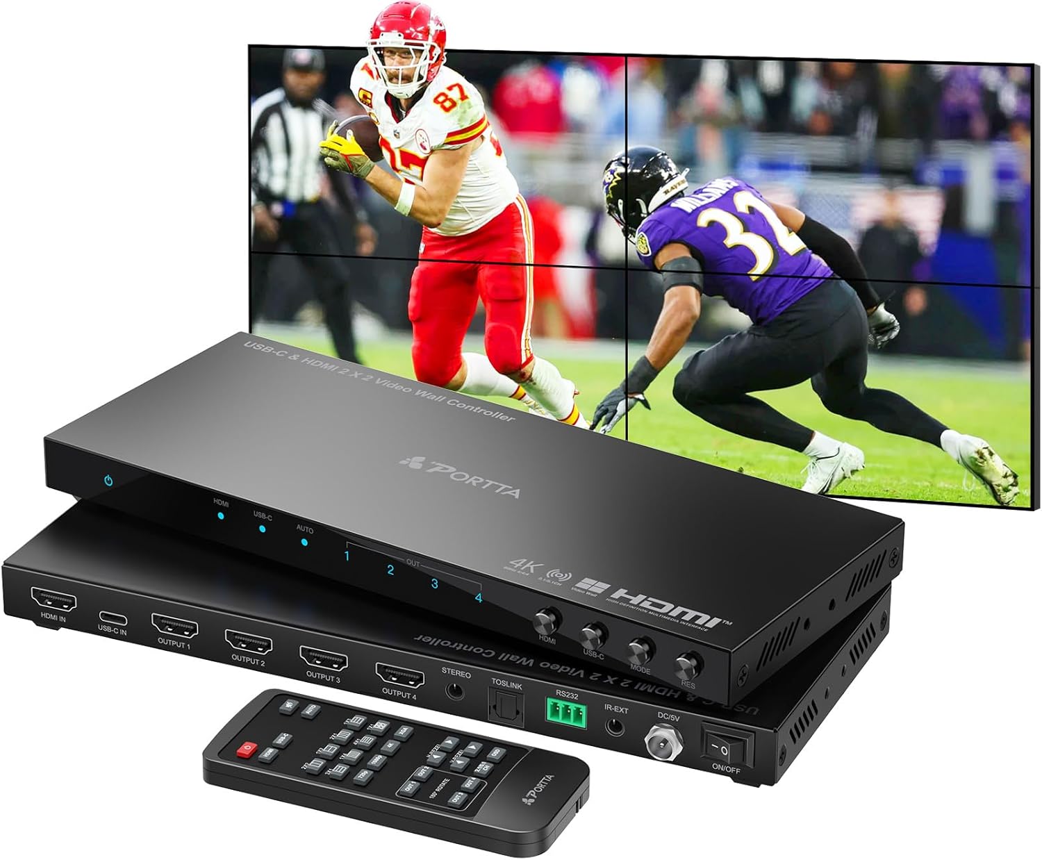 PORTTA 2x2 HDMI or USB-C Video Wall Controller 4K 60Hz, Video Wall Processor with 11 Splicing Modes, RS232, 180° Rotate, Audio Extractor, 2x2,1x2,1x3,1x4,2x1,3x1x4x1, 4 tv Screens into 1 Wall Display