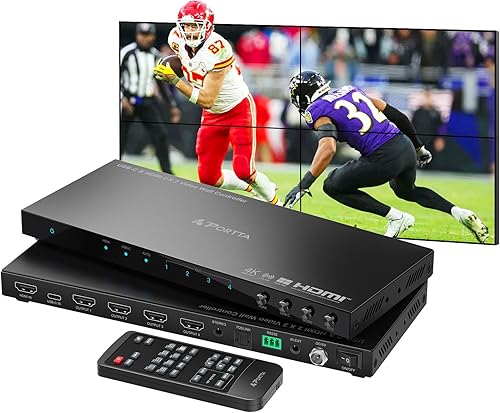 PORTTA Controlador de pared de video HDMI o USB-C 2x2 4K 60Hz, procesador de pared de video con 11 modos de empalme, RS232, rotación de 180°,