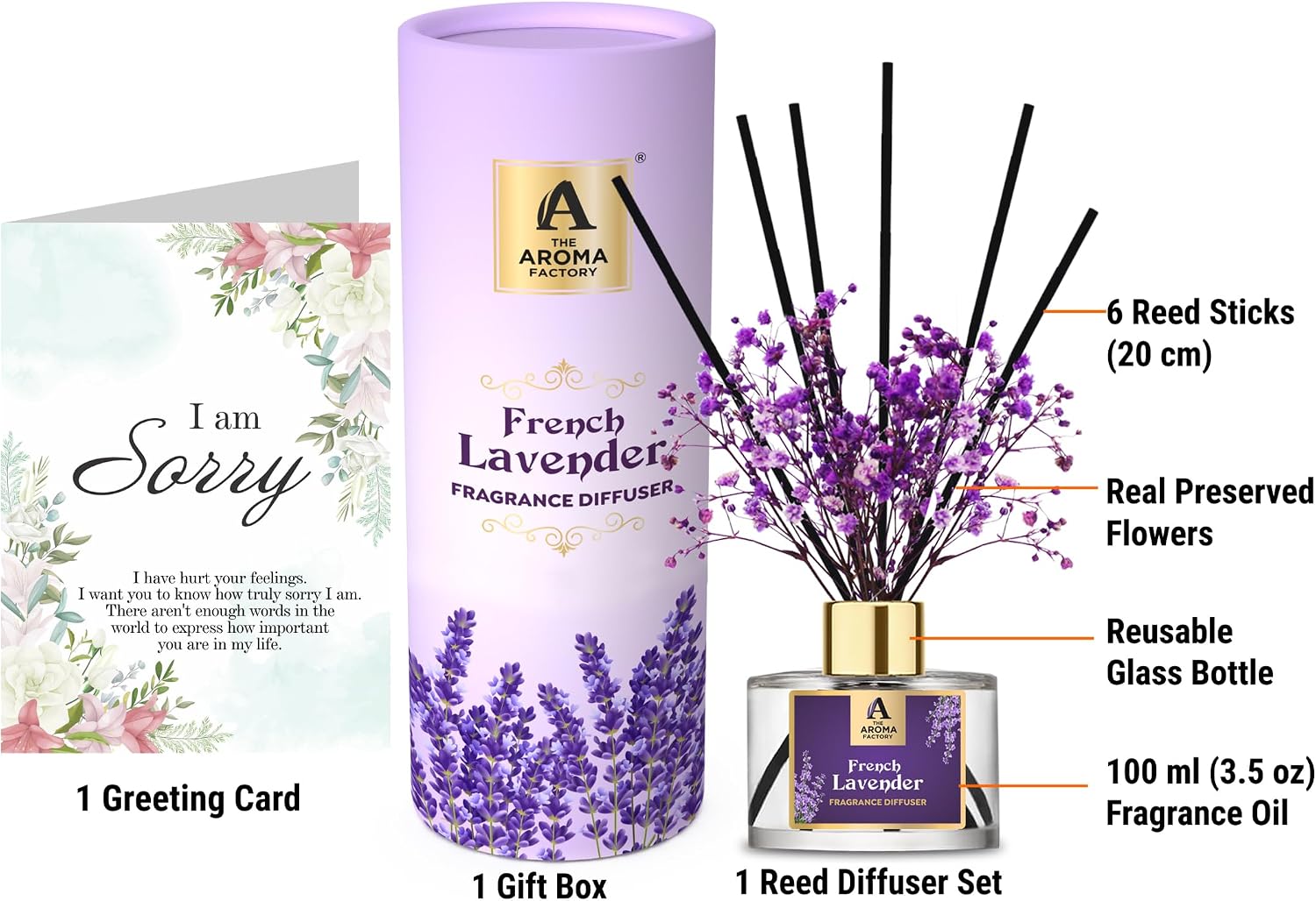 The Aroma Factory I am Sorry Apology Gift with Card, French Lavender Fragrance Reed Diffuser Set (1 Box &1 Card)