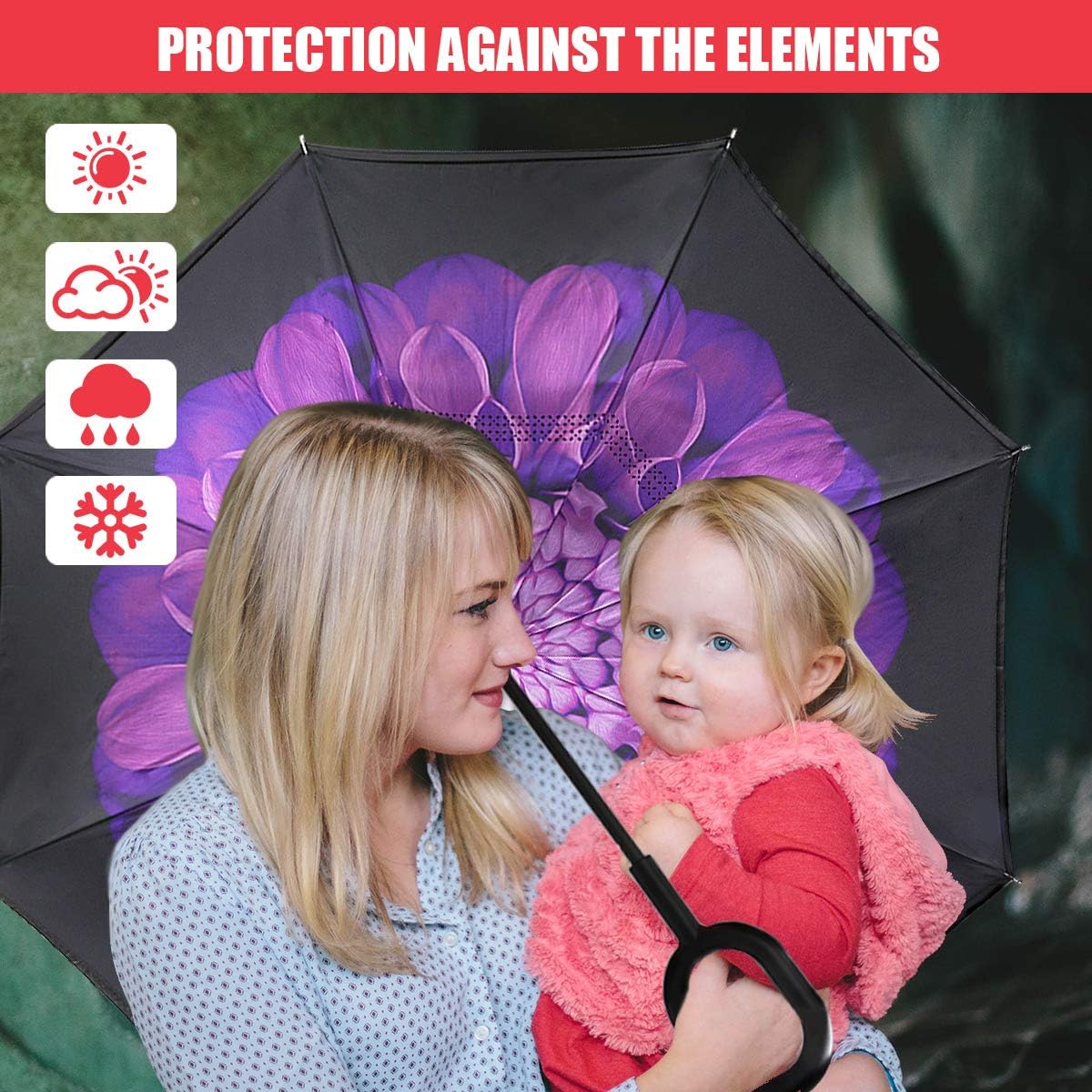 Monstleo Inverted Umbrella,Double Layer Reverse Umbrella for Car and Outdoor Use by, Windproof UV Protection Big Straight Umbrella with C-Shaped Handle and Carrying Bag (Purple)