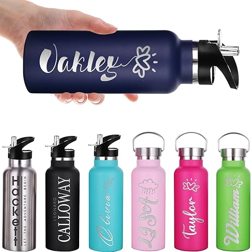 Botellas de agua personalizadas con tapa de popote de 1226 onzas, botella de agua deportiva aislada personalizada con grabado láser, botella de
