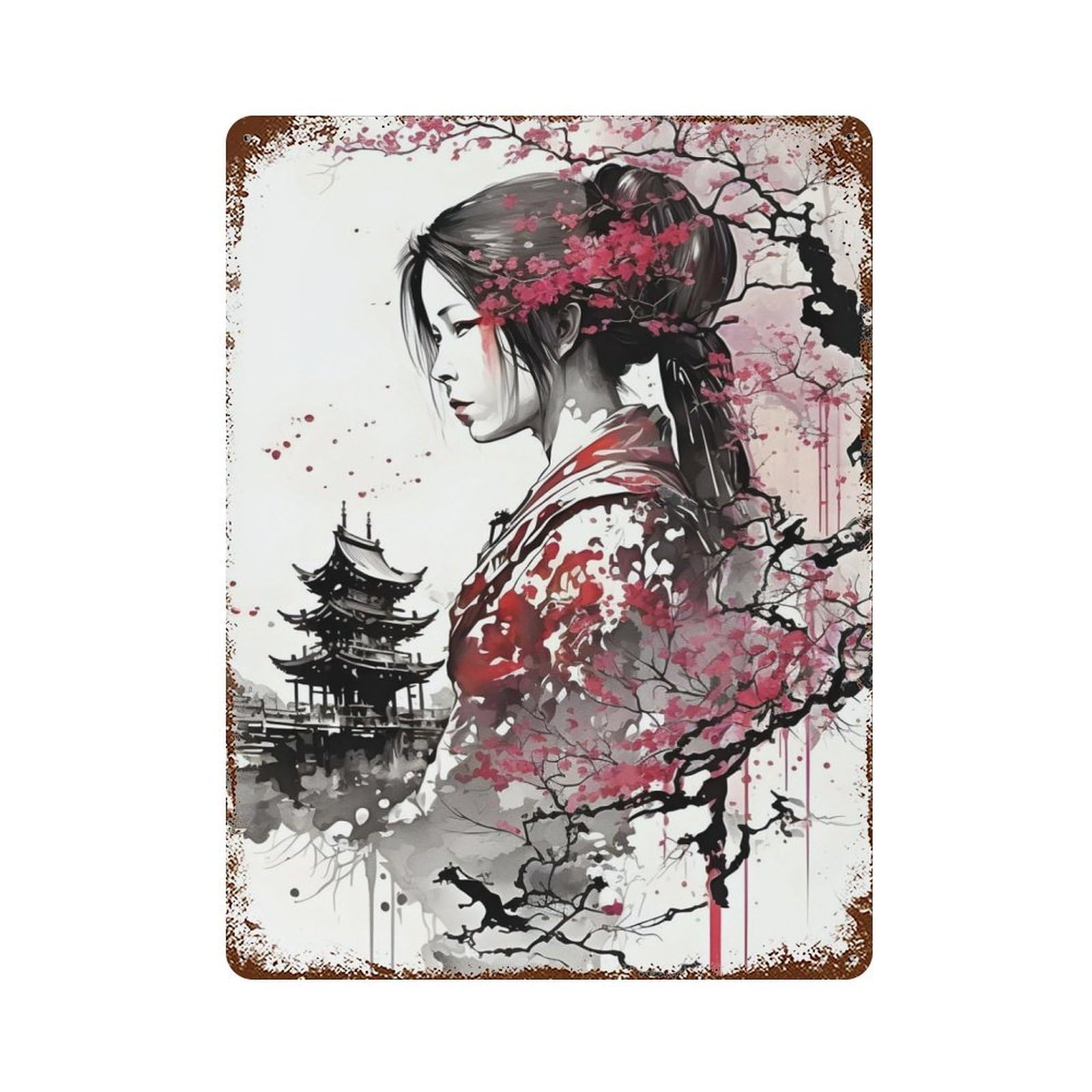 Geisha Cherry Blossom 1 Decorative Tin Sign 15.7"x11.8", Farmhouse Wall Decor for Living Room, Hallway And Home Decor