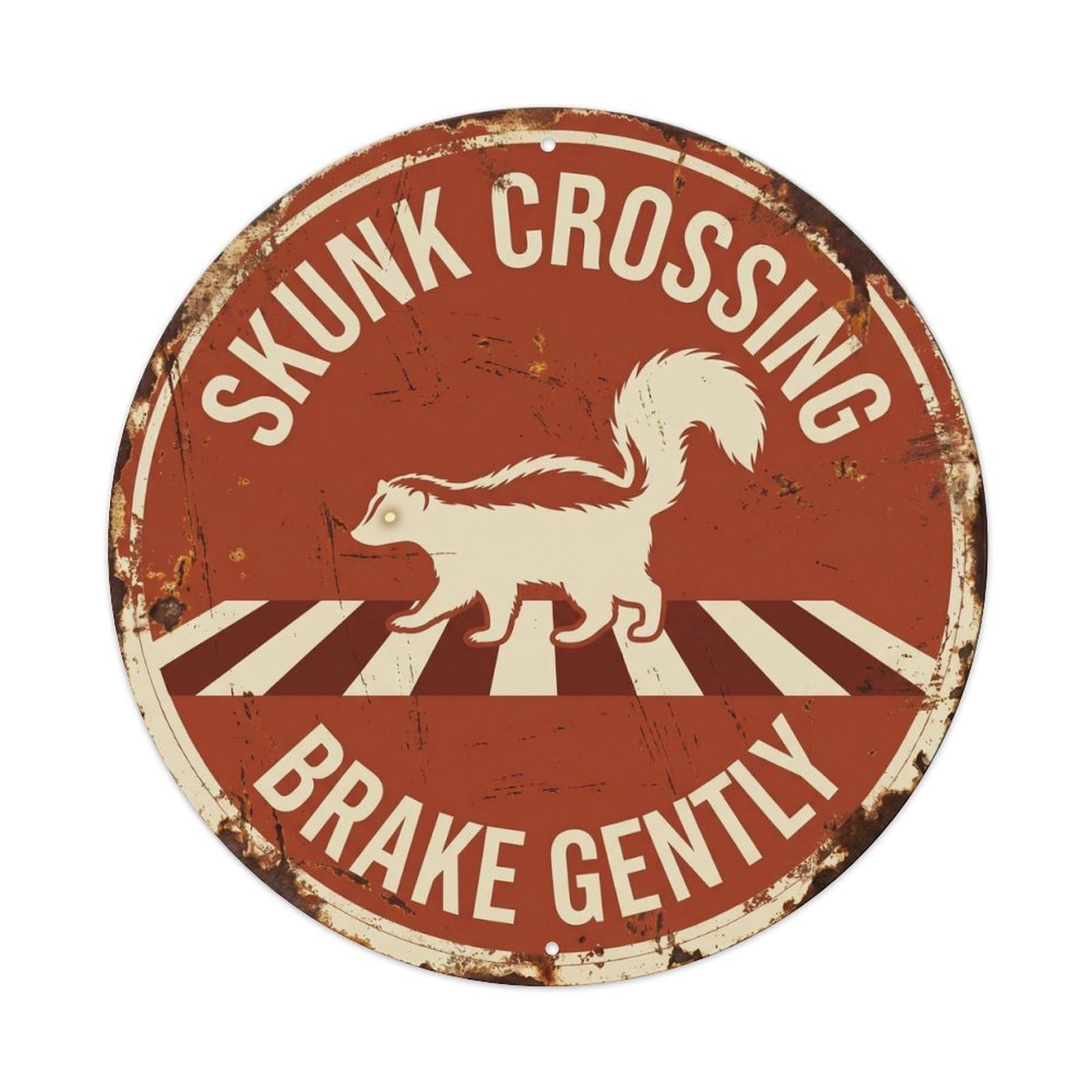 Metal Tin Sign Skunk Crossing Brake Gently Patina