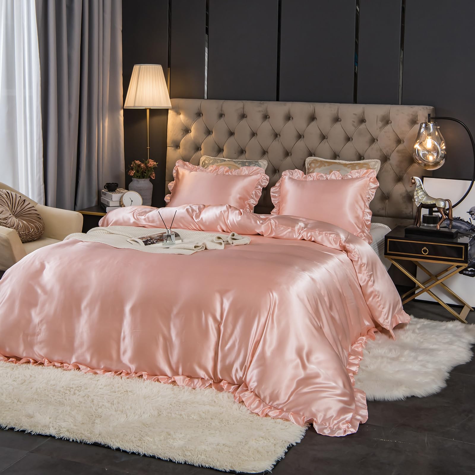 Herside Satin Duvet Cover Set Double Pink Silky Bedding Silk like Satin Ruffle Fringe Boho Ruffle Bedding Sets 1 Girls Duvet Cover 2 Pillowcases (Pink - Image 4
