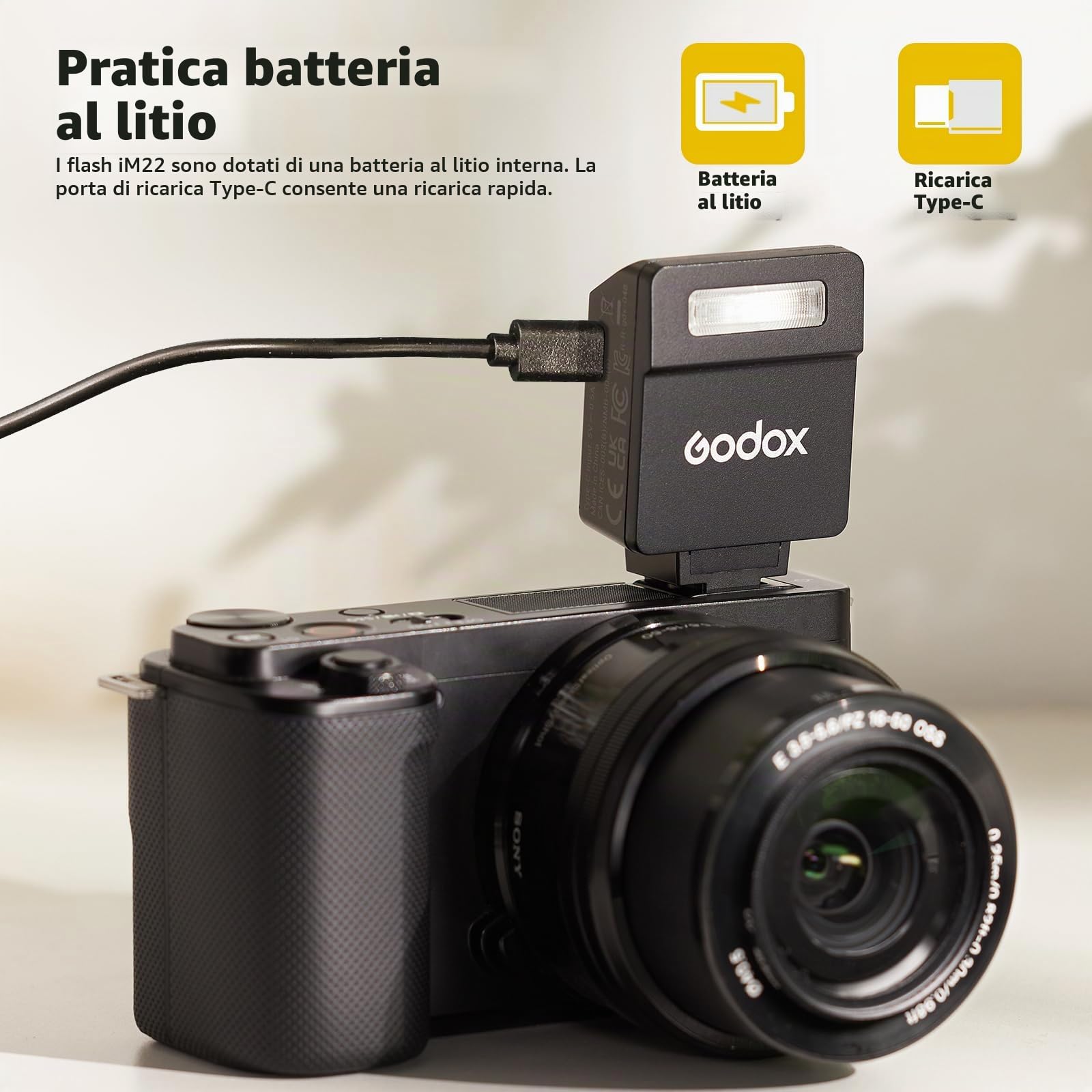 Godox iM22 Mini Fotocamera Flash, Batteria incorporata con 5 Livelli Flash Power per Canon/Sony/Fuji/Nikon/Panasonic/Olympus, per fotocamere con hotshoe singolo contatto
