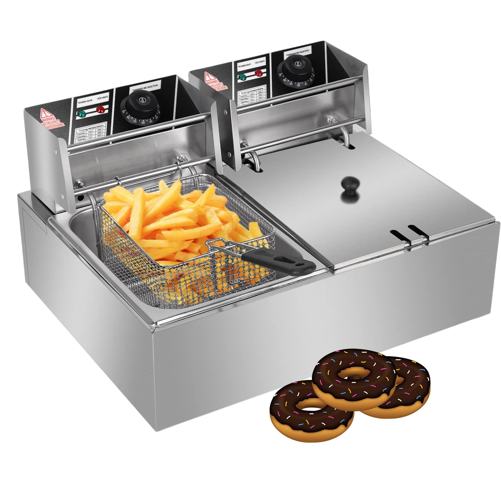 IUokLU Commercial Deep Fryer with Temperature Control - Double Tank - Stainless Steel Chip Frying Machine for French Fries Donuts Fast Food Stands Restaurants
