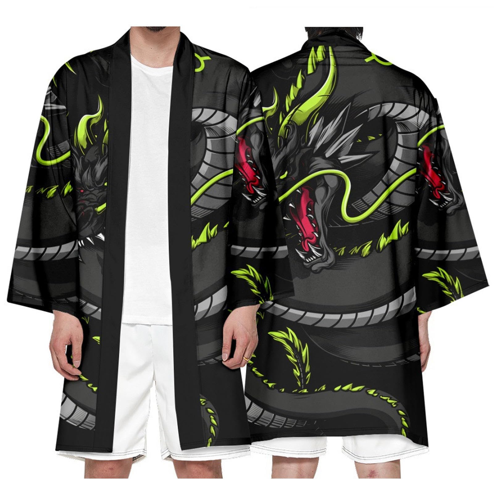 Albornoces para Hombre, cárdigan Tipo Kimono japonés de Manga 3/4, Abrigo Tipo Yukata, Chaqueta Tipo cárdigan Holgada y Ligera,Black-3XL