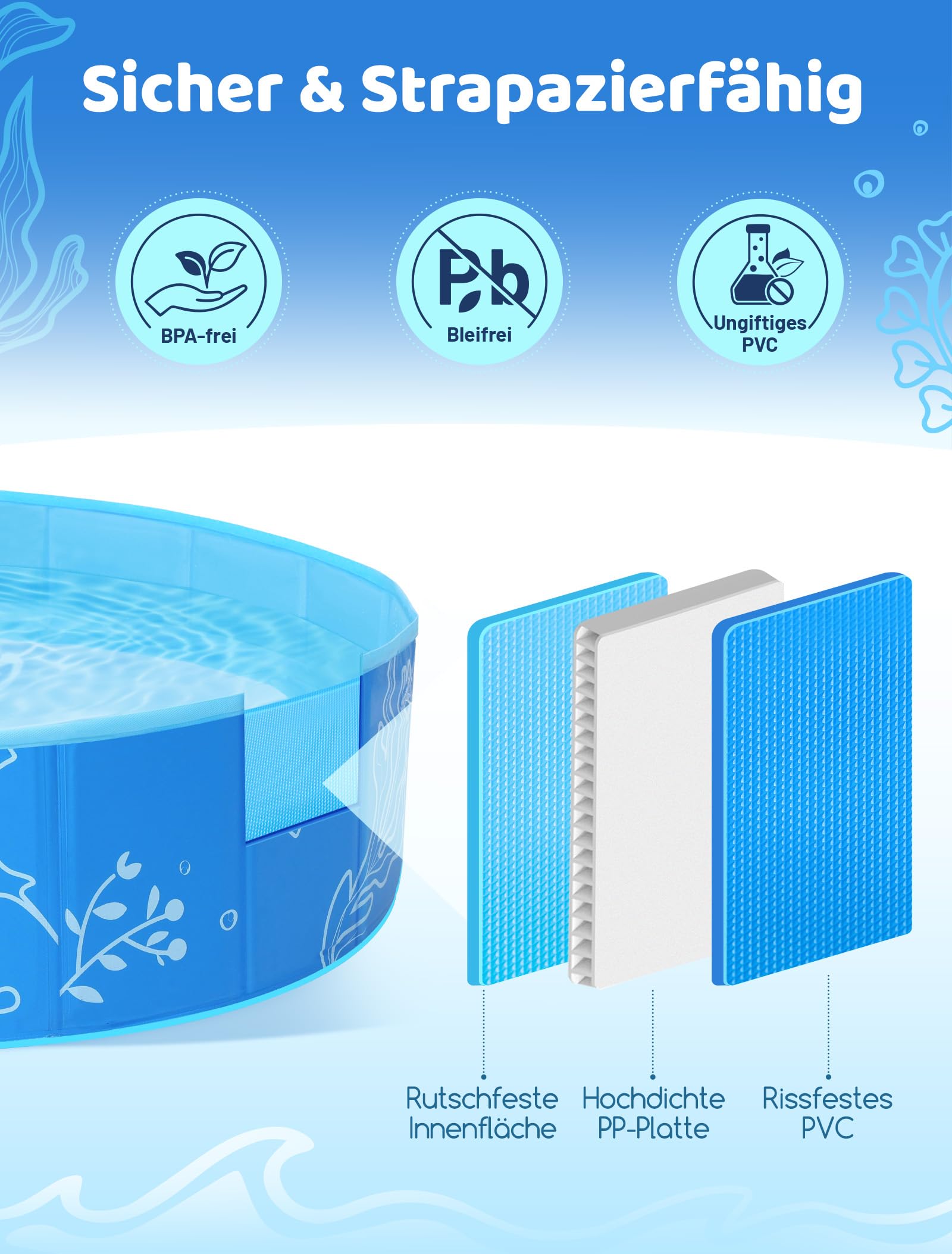 Hikiddy Planschbecken mit Schatten 120 cm Pop-Up Splash Pool für Sommer Strand Garten Blau