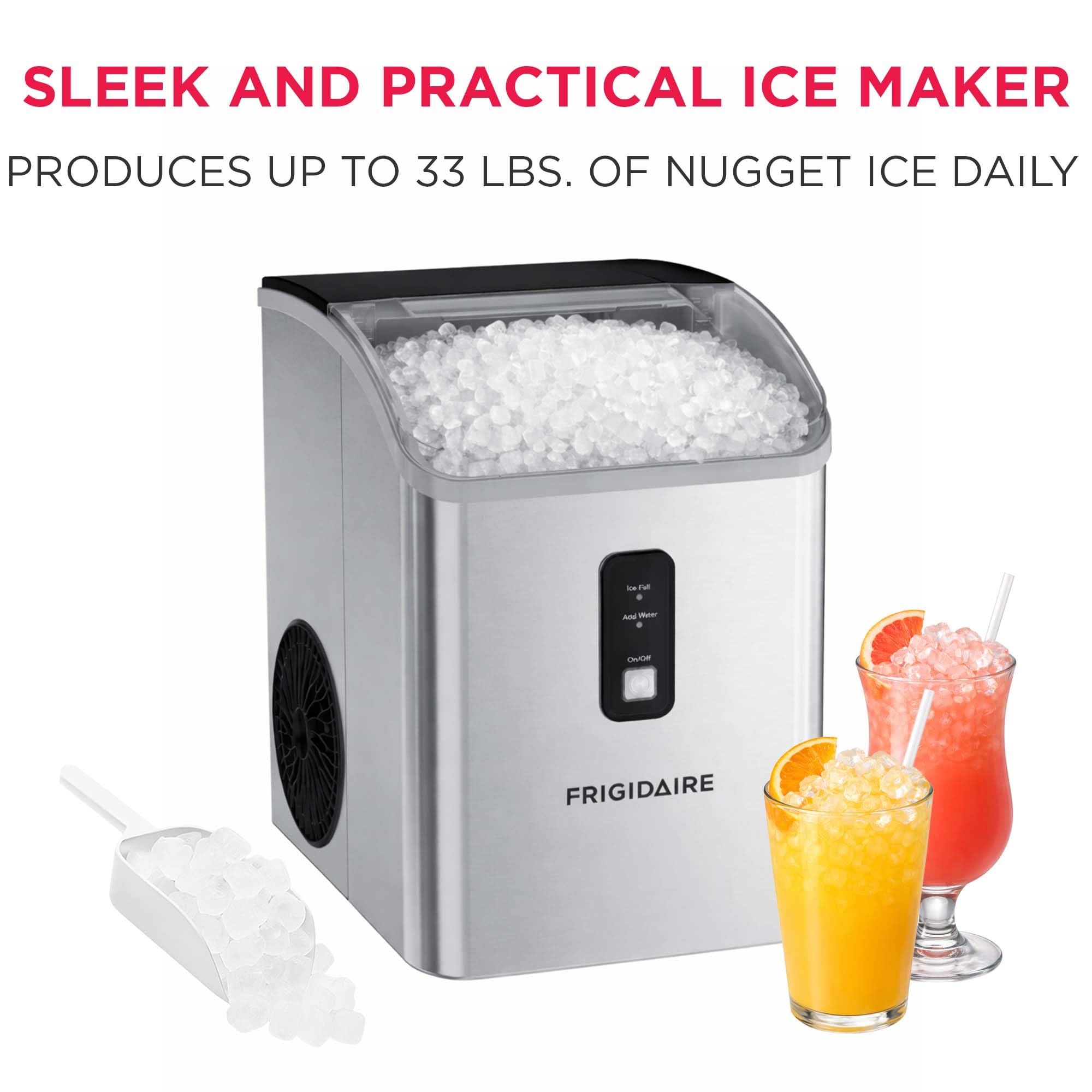 Frigidaire Countertop Crunchy Chewable Nugget Ice Maker, Compact, 33lbs per Day, Metallic Finish - 3