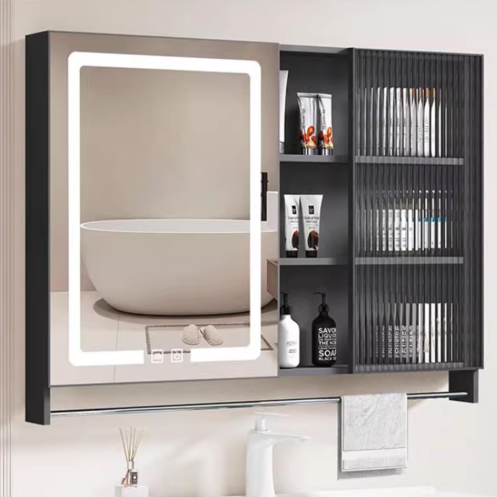 BKSXSOP LED Bathroom Mirror Medicine Cabinet with Anti-Fog Glass Door, Dimmable Vanity Mirror, Wall-Mounted Storage Open Towel Rack, Stylish & Functional Design for Modern Bathrooms