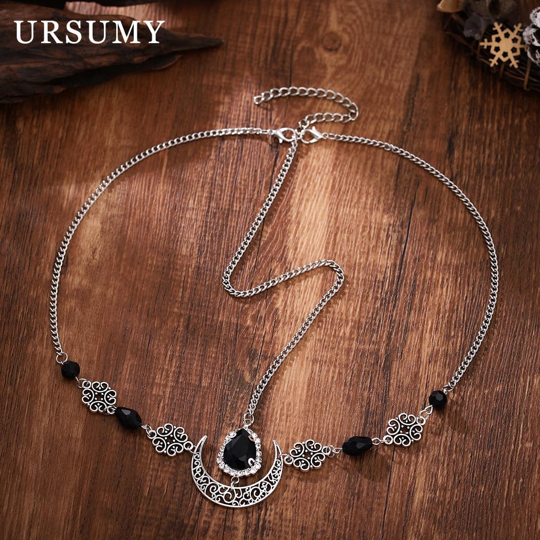 Ursumy Halloween Head Chain Boho Moon Forehead Chain Vintage Crystal Head Chain Festival Costume Hair Accessories for Women (Black-1, one size) image 2