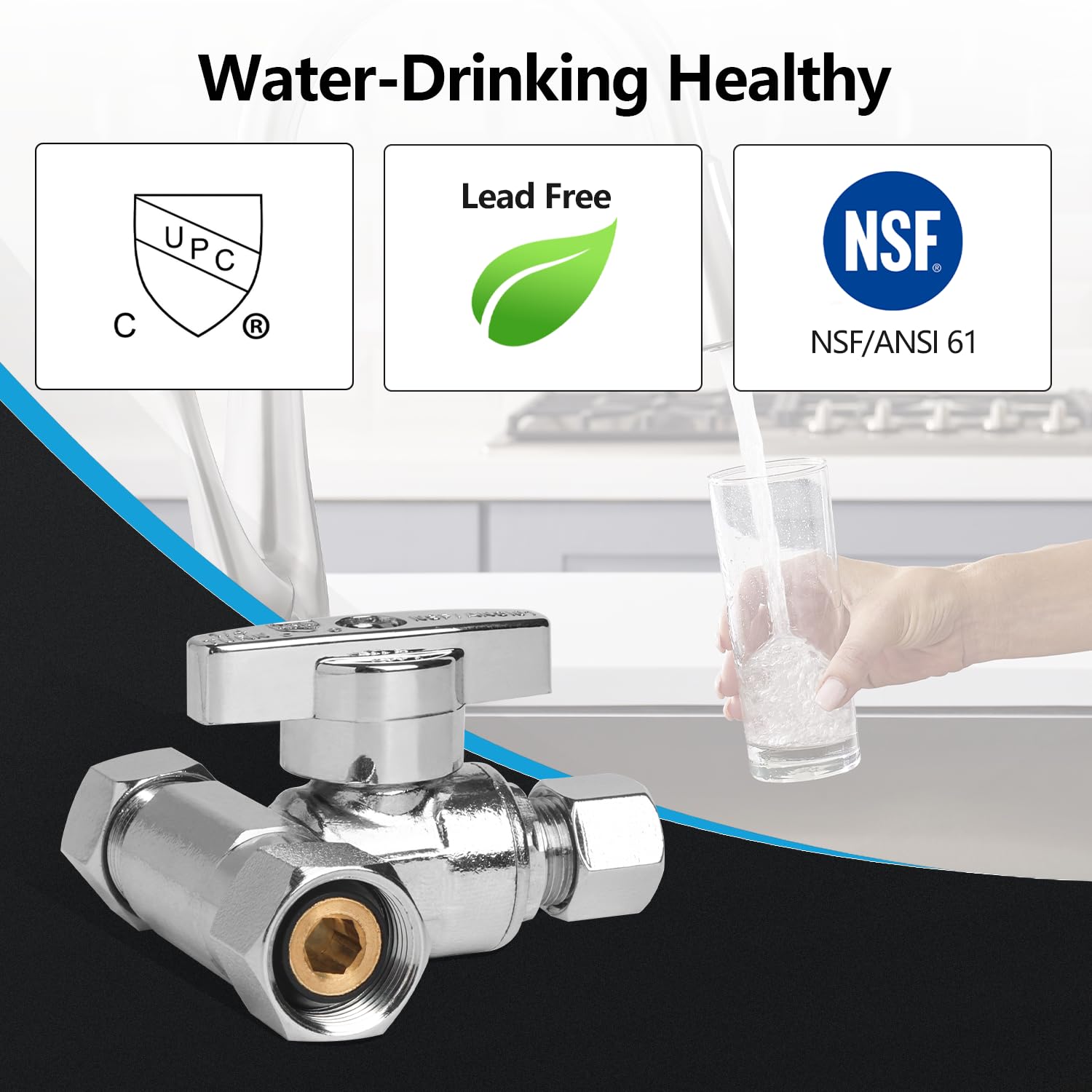WiseWater Paquete de 2 válvulas de parada en T de 3/8 hembra Comp x 3/8 OD x 1/4 OD, válvula de cierre de agua de latón cromado de 1/4 de vuelta, compresión de 3 vías para refrigerador, máquina de