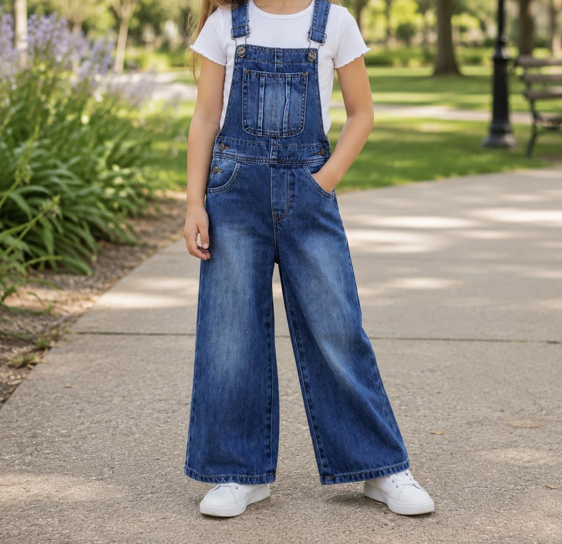 KIDSCOOL SPACE Salopette di jeans per ragazze, pantaloni svasati con gamba larga elastica per bambini piccoli e grandi