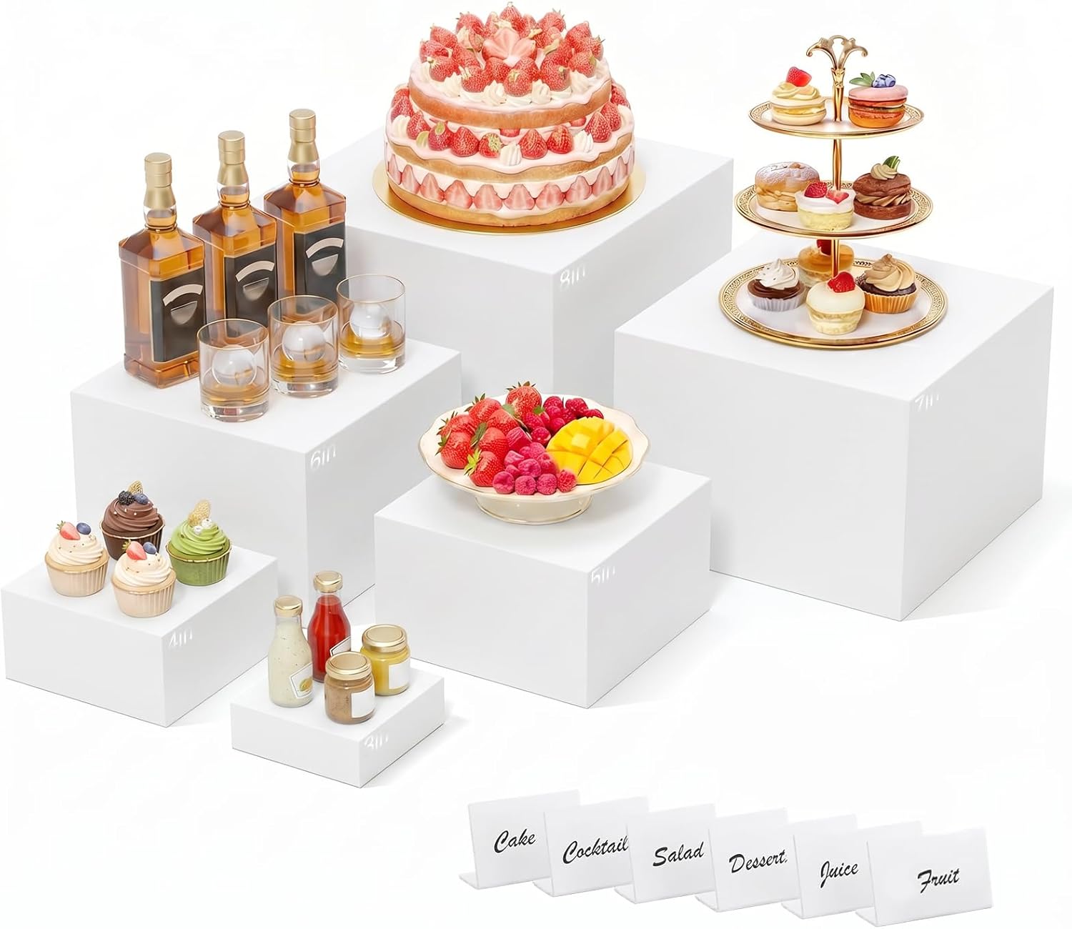 6 Pcs White Acrylic Buffet Risers with Mini Sign, Buffet Table Acrylic Cube Food Display Stands Party Catering Dessert Jewelry Collectibles, Acrylic Cube Nesting Boxes with Hollow Bottoms Home Storage ( 8" 7" 6" 5" 4" 3")