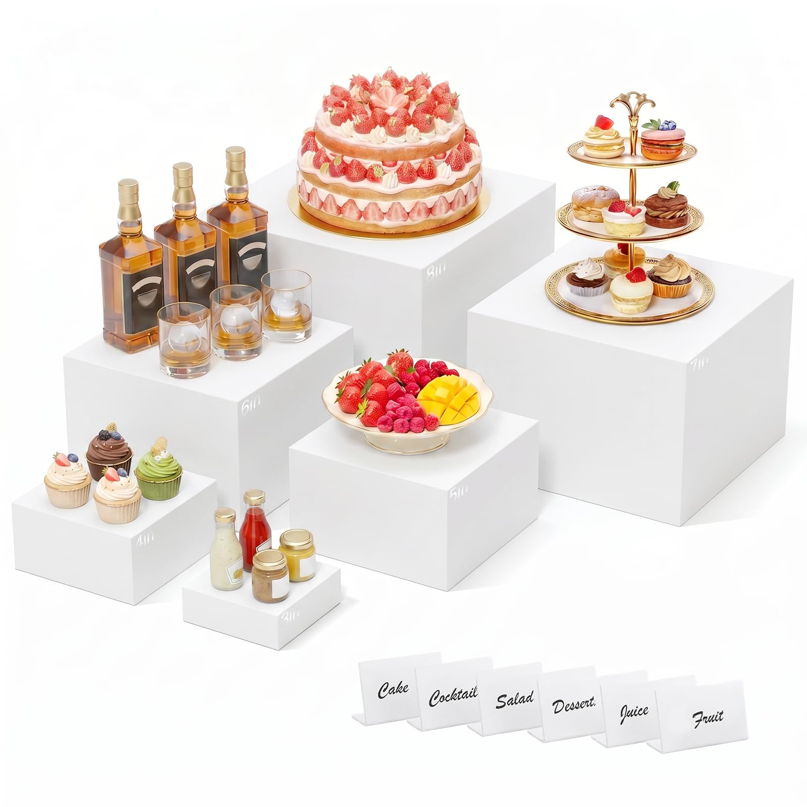 Photo 1 of 6 Pcs White Acrylic Buffet Risers with Mini Sign, Buffet Table Acrylic Cube Food Display Stands Party Catering Dessert Jewelry Collectibles, Acrylic Cube Nesting Boxes with Hollow Bottoms Home Storage ( 8" 7" 6" 5" 4" 3")
