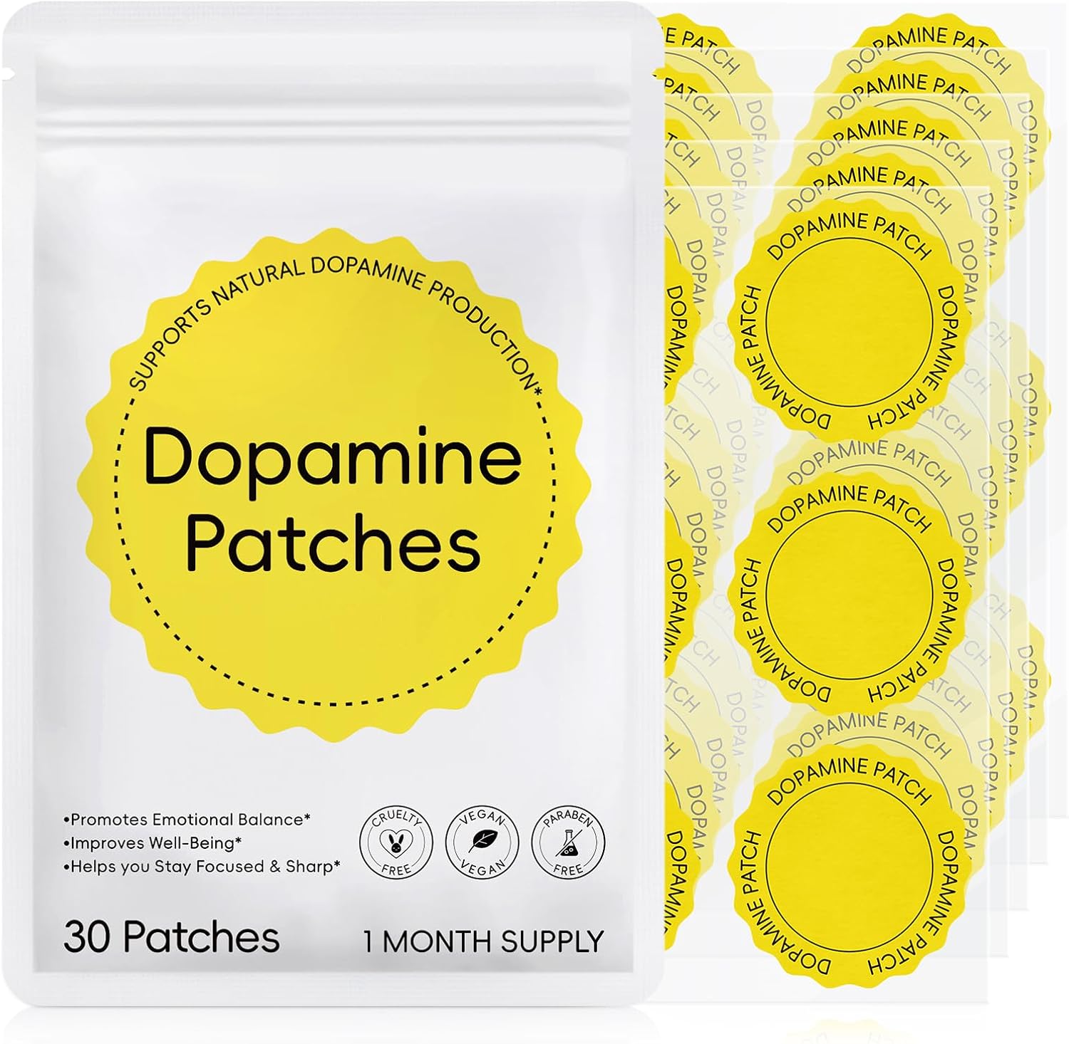 Dopamine Patches 30pcs, Mood Support Patches with Mucuna & 5-HTP, Mood Boost & Positivity Support Supports Dopamine & Serotonin Balance for Men Women, Plant-Based Formula (1 Pack)