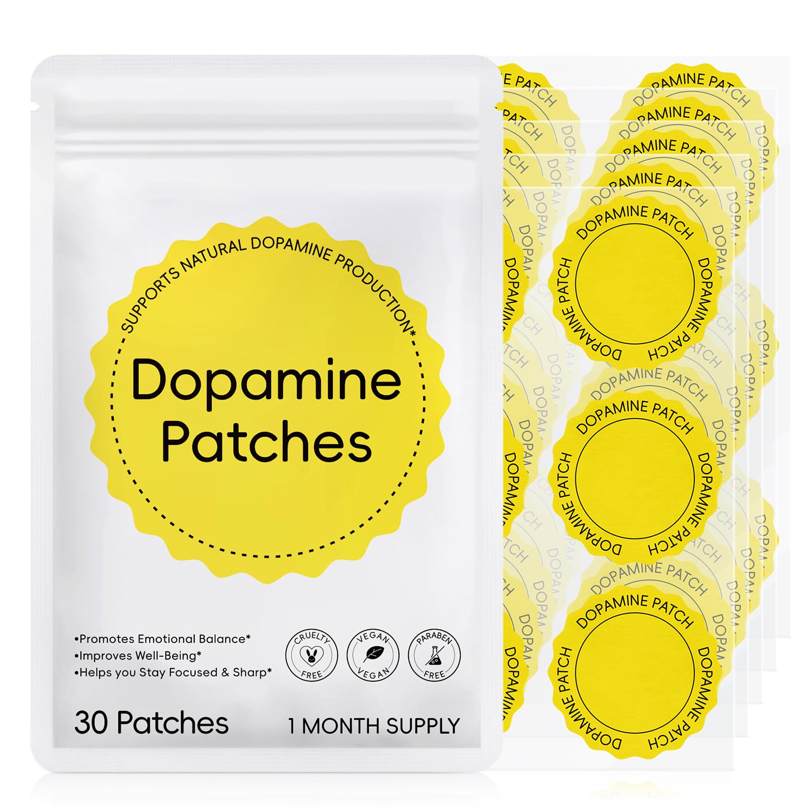 Dopamine Patches 30pcs, Mood Support Patches with Mucuna & 5-HTP, Mood Boost & Positivity Support Supports Dopamine & Serotonin Balance for Men Women, Plant-Based Formula (1 Pack)