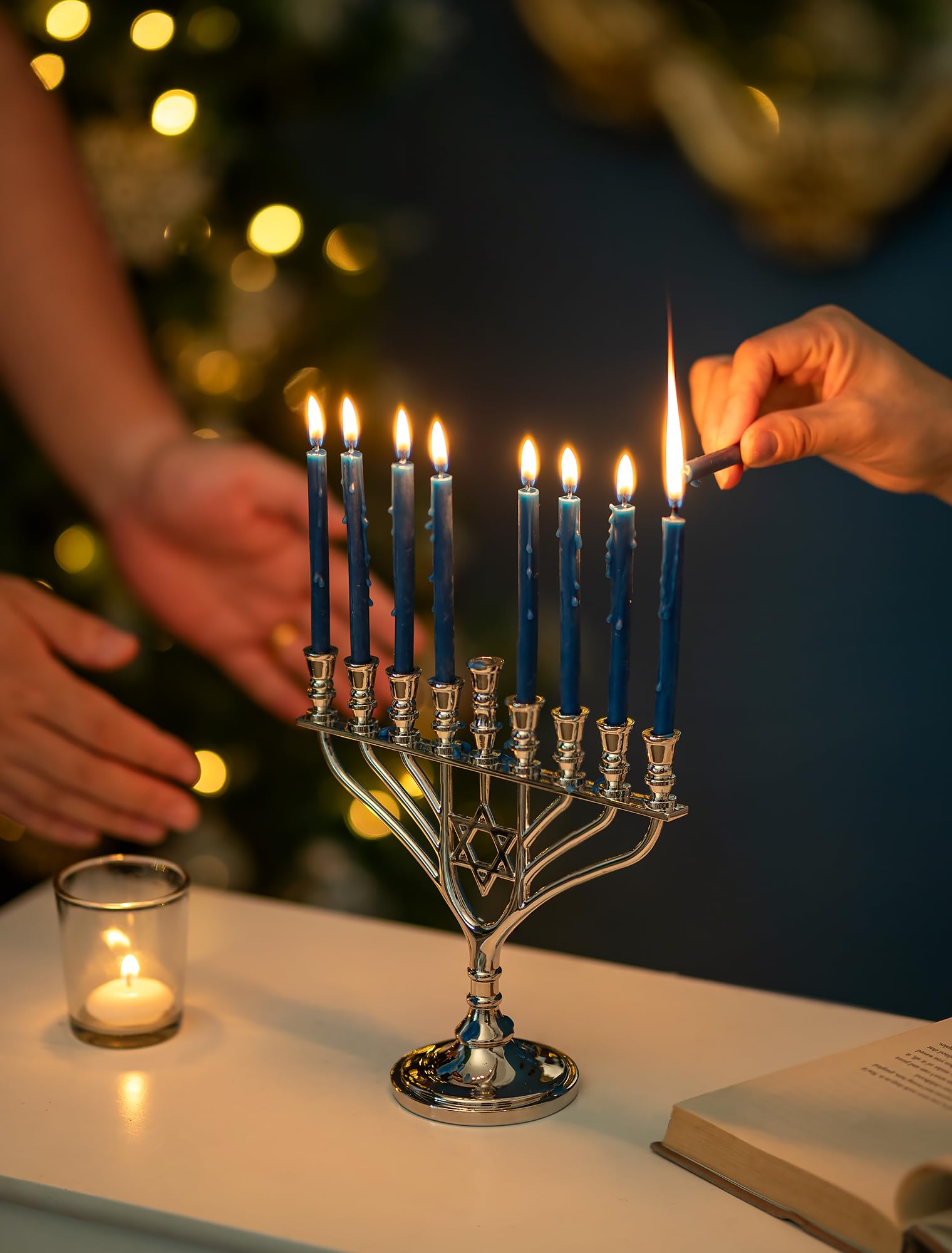 Sziqiqi Chandelier Hanouka 9 Branches: Menorah Hanouka Petite avec Etoile de David - Hanoukia Menorah Argentde Zinc 19 cm de Hauteur pour Table Voyage Fenêtre
