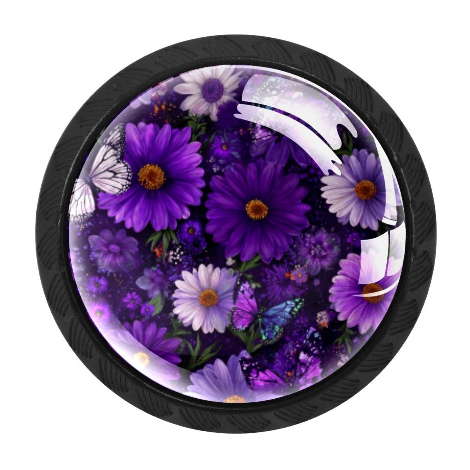 CHENZZZZ 4 Pack Round Cabinet Knobs for Kitchen Bathroom Closet Dresser Cabinets, Daisy Butterflies Purple (1)