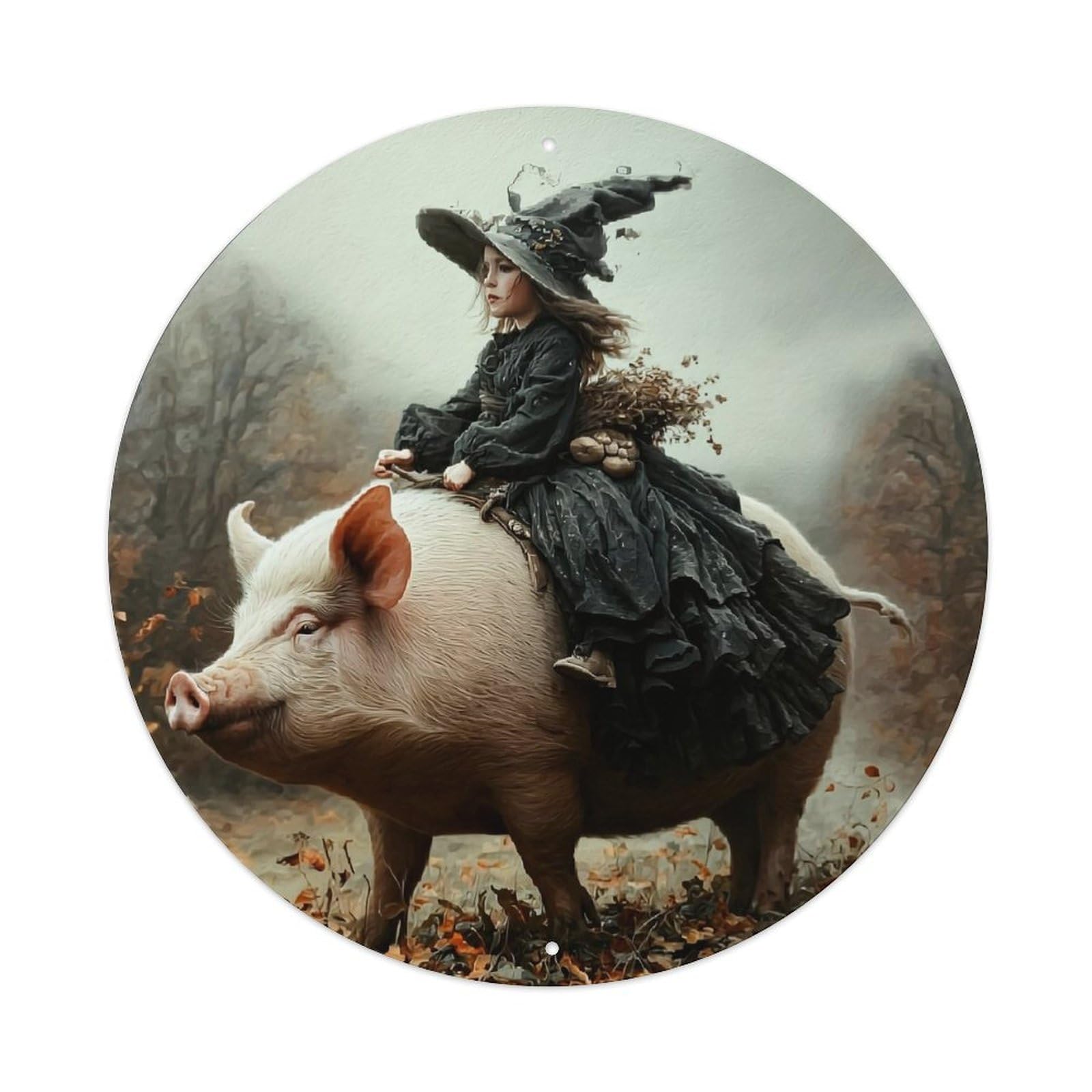 Jdyaojiesheng Vintage Witch Riding Pig Autumn Forest Round Tin Sign Retro Metal Wall Decor Metal Poster, Home Bar Garage Farmhouse Cafe Wall Art Decoration 8X8inch