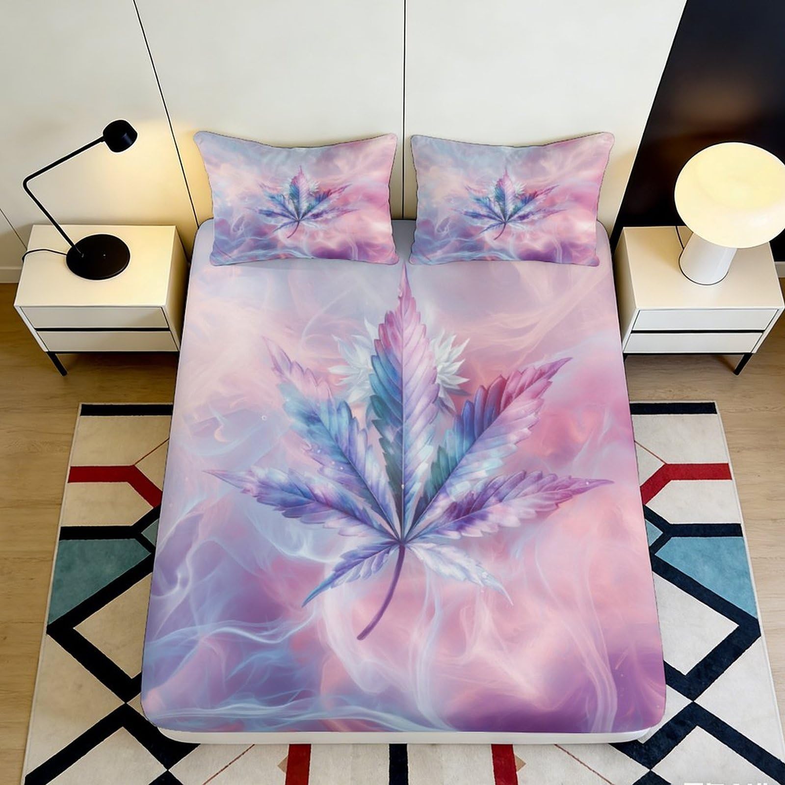 3D Printed Colorful Cannabis Leaf Fitted Sheet Microfiber Soft Breathable Abstract Smoke Bed Cover for Bedroom Dormitory Guest Room Mattress Protection 140x200x25cm