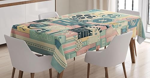 Ambesonne Mantel para amantes del cine, obra de arte cinéfilo de ruedas retro de película y tablilla, mantel rectangular para decoración de comedor