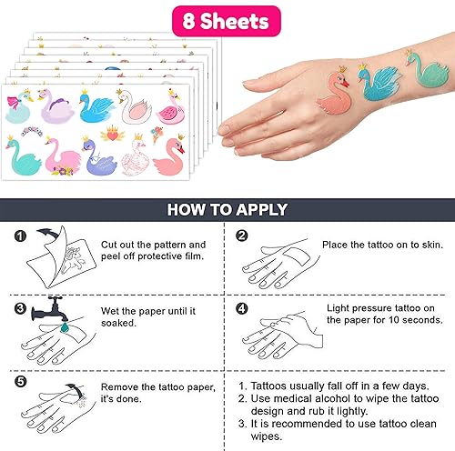 Miniatura 7 de Tatuajes temporales de cisne, suministros para fiesta de cumpleaños, decoraciones de princesa de cisne blanco, 88 calcomanías divertidas para niños,