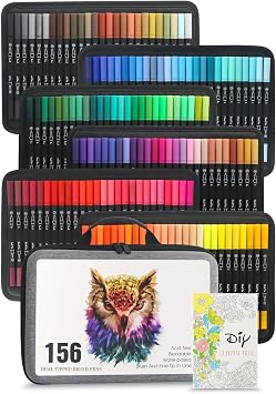 LIULIUCAI 156 Dual Tip Brush Pens, Art Markers for Adult Coloring Books | Colored Drawing Pens, Fine & Brush Tip Coloring Marker for Calligraphy Lettering Journal Doodling School Office Gift