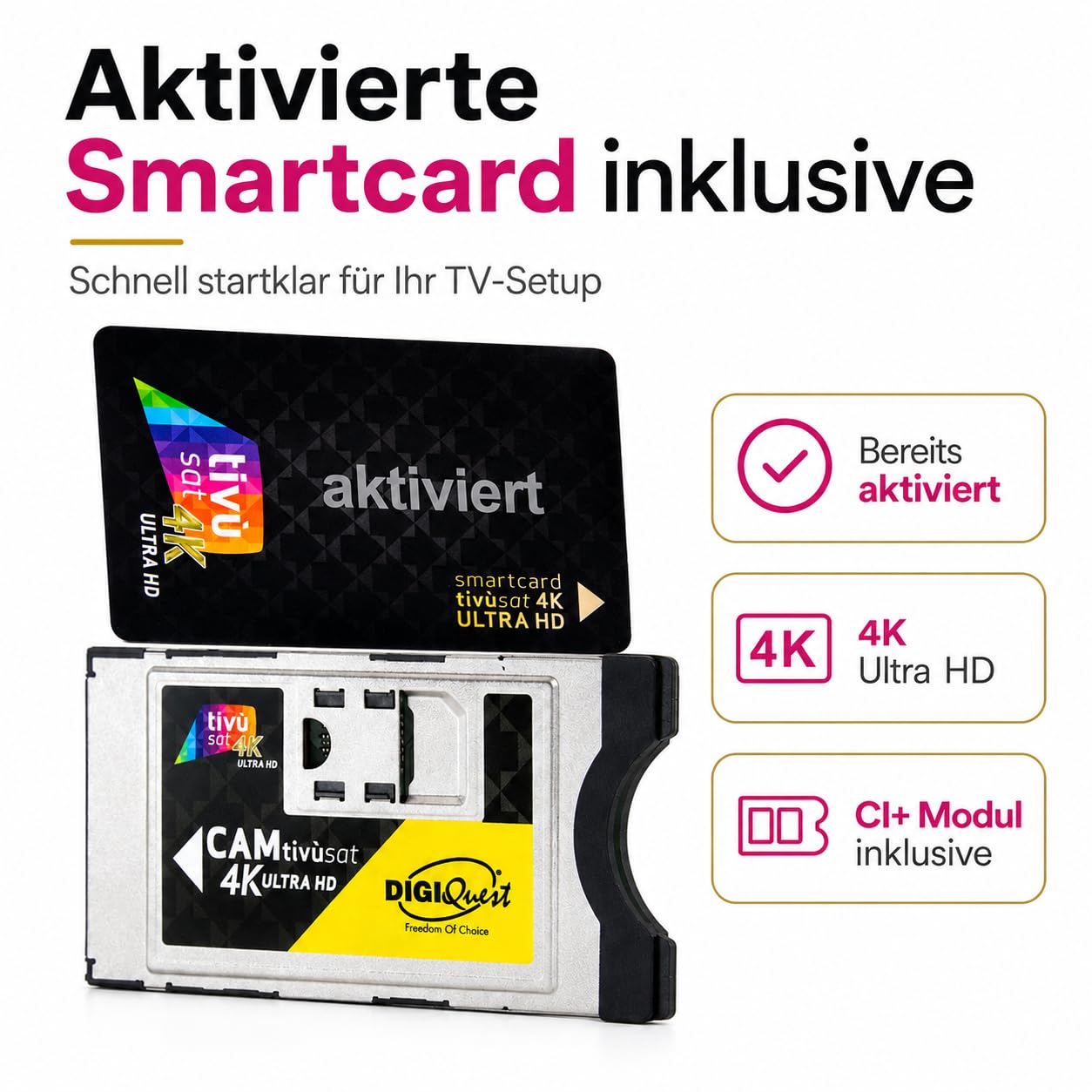 CAM Modul Tivusat 4K + aktivierte Karte Smartcard CI+ Digiquest TVSAT Italia