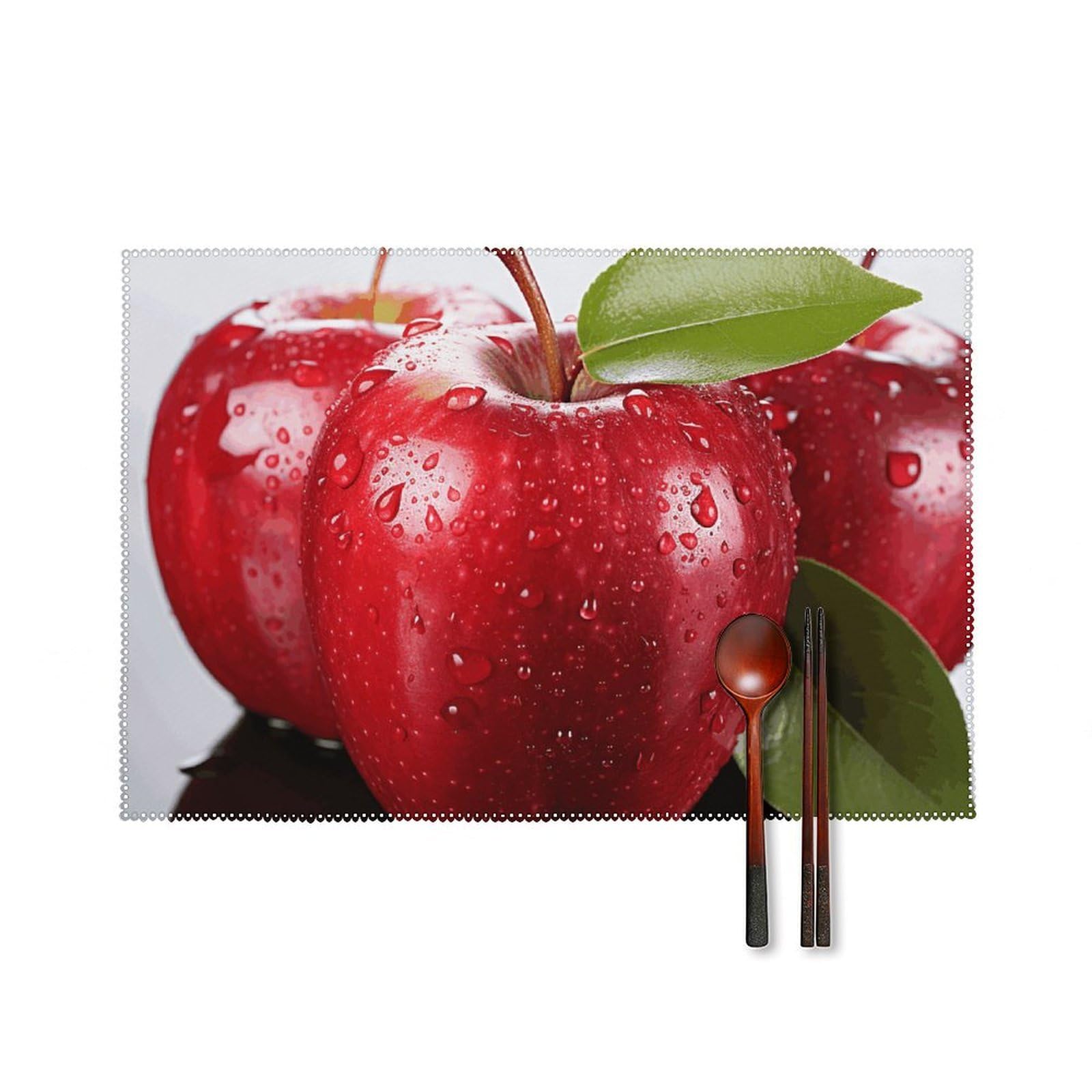 Red Apple Fruit Placemats Set of 6, 12x18 Inch Heat Resistant Washable Canvas Table Mats, Stain Resistant Decorative Dining Placemats for Kitchen, Restaurant, Outdoor Party