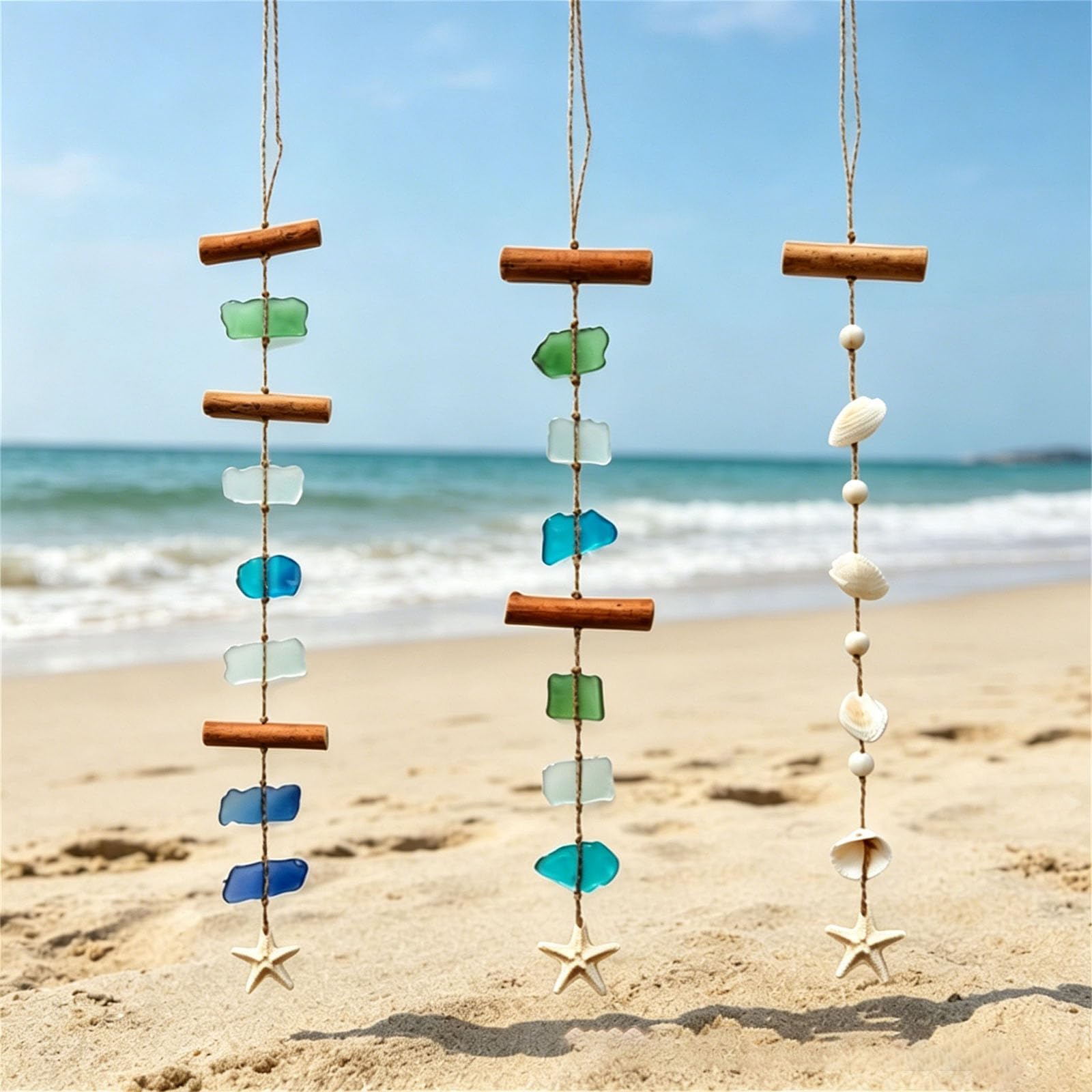Conchiglie artistiche in vetro di mare e bastone di legno scacciapensieri costieri decorazione da parete per veranda patio decorazione scacciapensieri a tema spiaggia