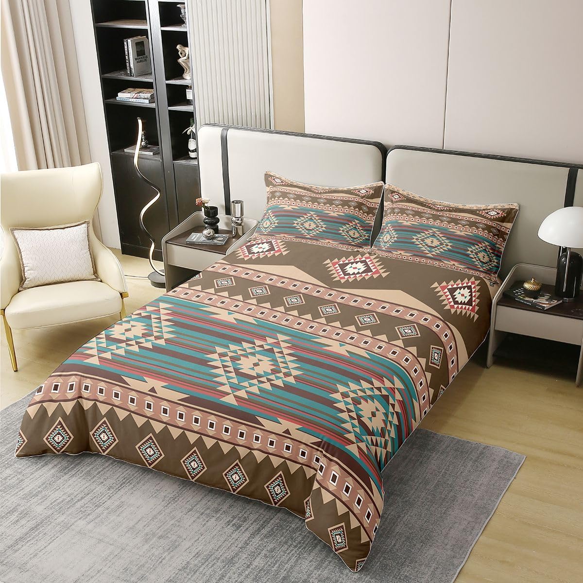 King Size Southwestern Duvet Cover 100% Cotton Geometric Pattern Bedding Set for Kids Tribal Style Comforter Cover Set Native American Design Brown Bedspread Cover Room Decor Bedclothes Zipper
