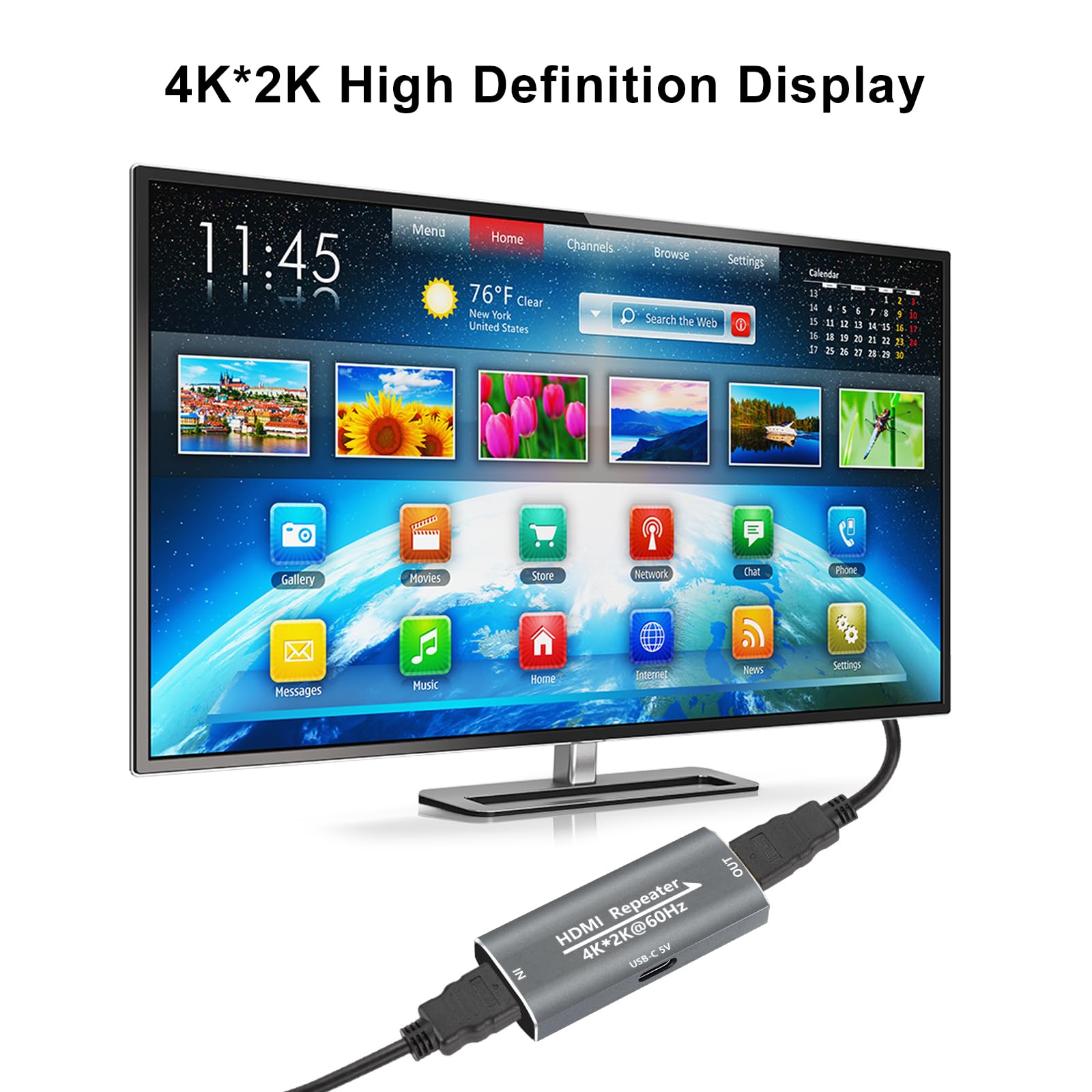 Ripetitore di segnale amplificatore HDMI – 4K @ 60Hz 25M / 1080P 145FT Extender, HDMI femmina a femmina Plug & Play, per gaming/home theater/uso ufficio con porta di alimentazione USB-C