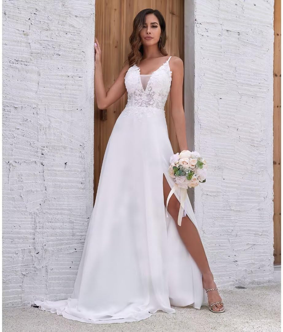 Chiffon Wedding Dresses for Bride Lace Appliques V Neck Long Beach Spaghetti Straps Simple Bridal Gown with Slit - Image 3