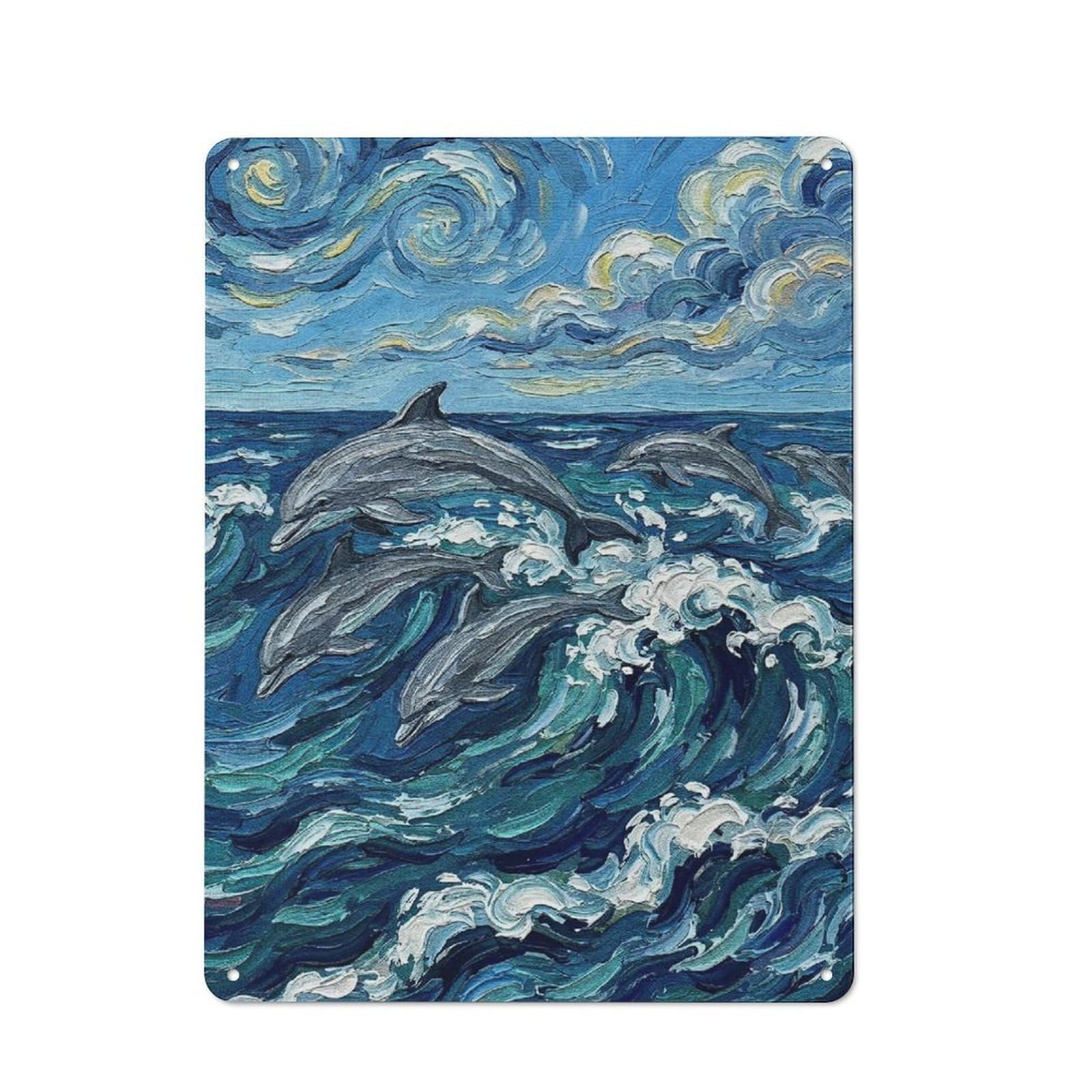 Dolphins in Ocean Waves Painting Decorative Tin Plaque 40x30cm, Decorative Novelty Wall Art for Hallway, Home Bar, Garage Or Study