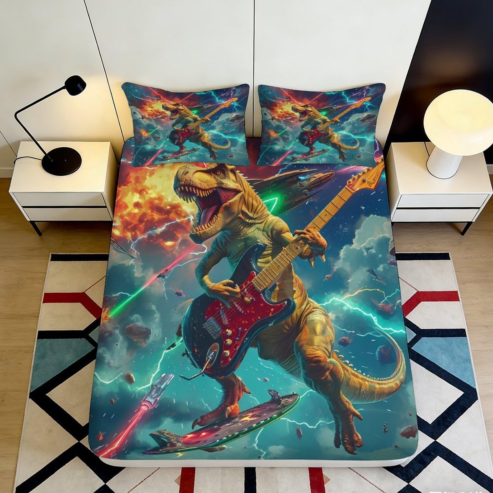 3D Printed Dinosaur Rock Guitar Fitted Sheet Microfiber Soft Decor Fire Sky Bed Cover for Bedroom Guest Room 90x200x25cm