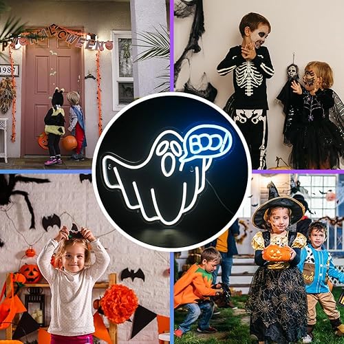 Miniatura 6 de Letrero de neón de fantasma, luces LED blancas y azules de neón para decoración de pared, alimentada por USB, divertidos letreros iluminados para