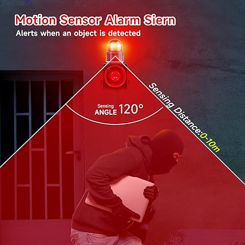 Miniatura 2 de Sensor de movimiento sirena de alarma 120dB cuerno ajustable impermeable LED luz estroboscópica sirena detector de movimiento sistema de alarma de