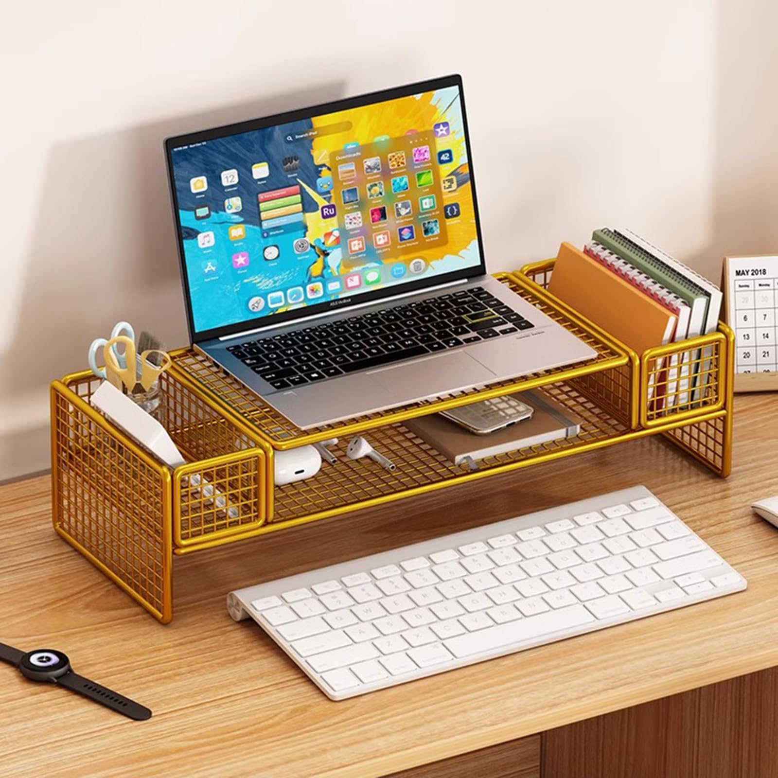 Supporto per Monitor in Rete Metallica con Spazio di archiviazione - Rialzo a 2 Livelli per PC/Laptop/Stampante - Organizzatore da scrivania e Supporto multimediale per casa e Ufficio - Migl