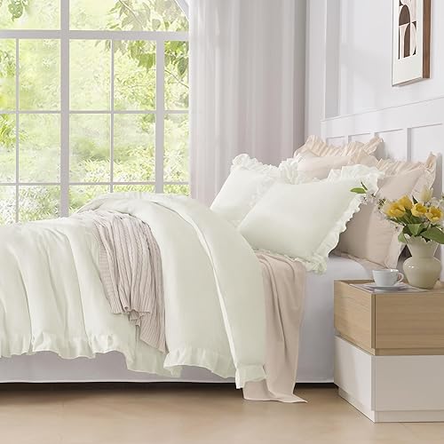 Miniatura 227 de Andency Juego de edredón beige tamaño King, 3 piezas estilo farmhouse shabby chic con volantes, ligero esponjoso suave de microfibra para todas